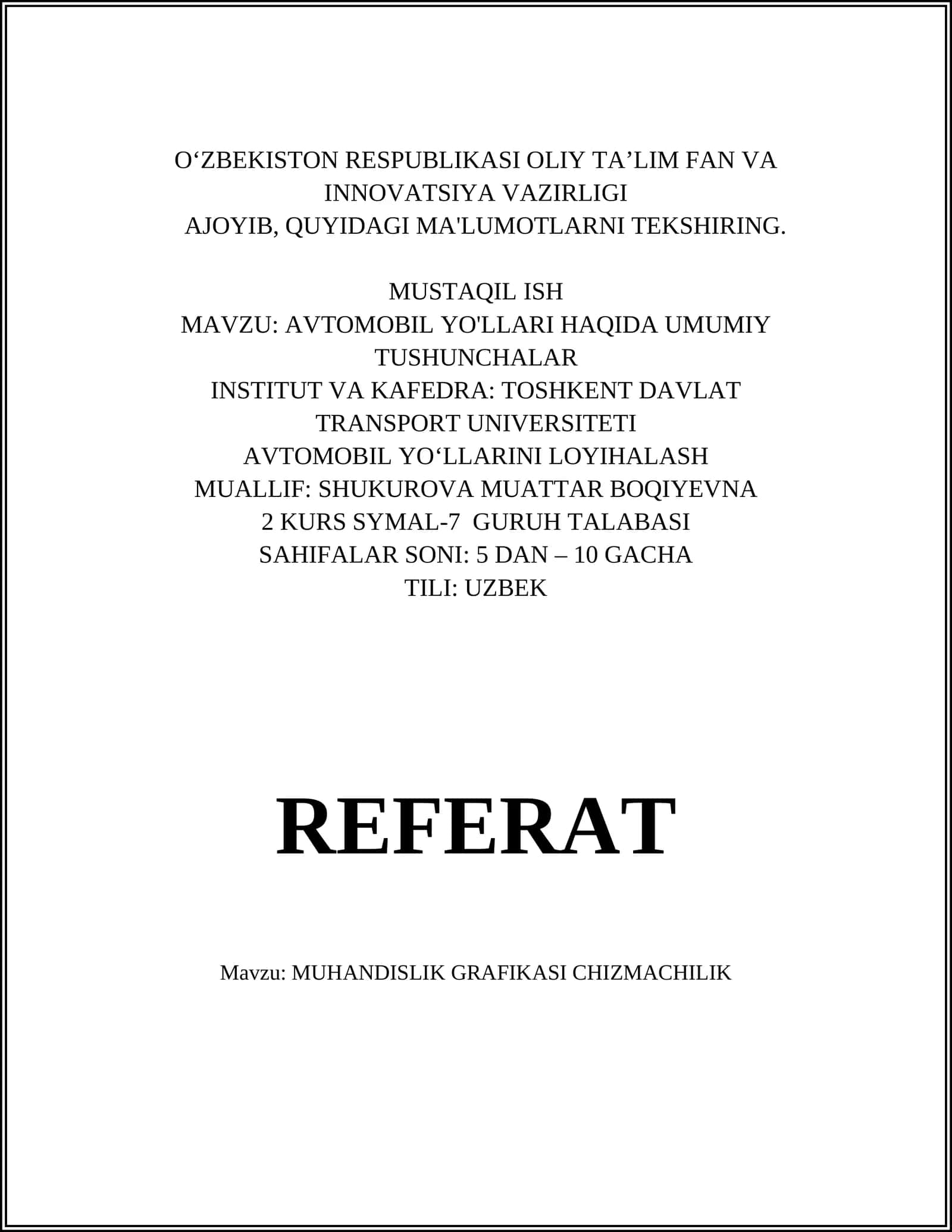 MUHANDISLIK GRAFIKASI CHIZMACHILIK