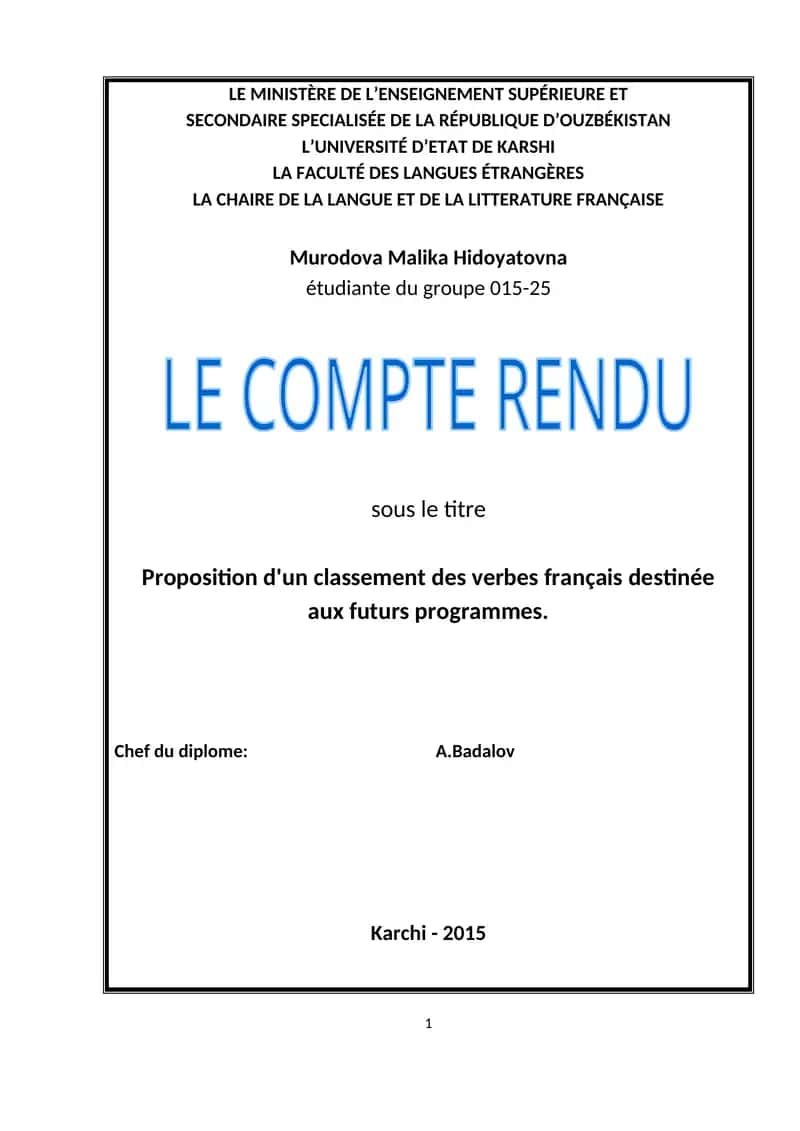 Proposition d'un classement des verbes français destinée aux futurs programmes