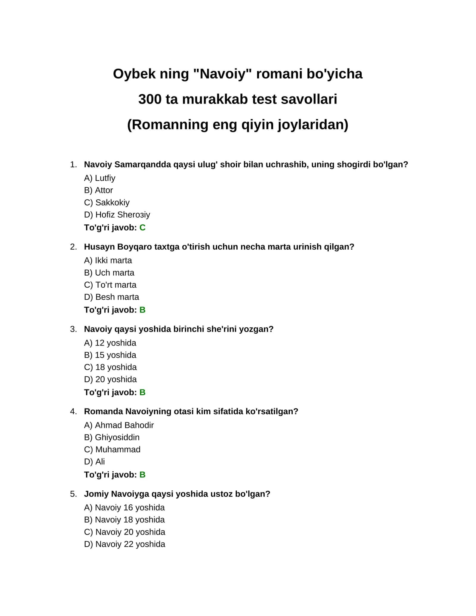 Navoiyning "Navoiy" romani bo'yicha 300 ta murakkab test savollari