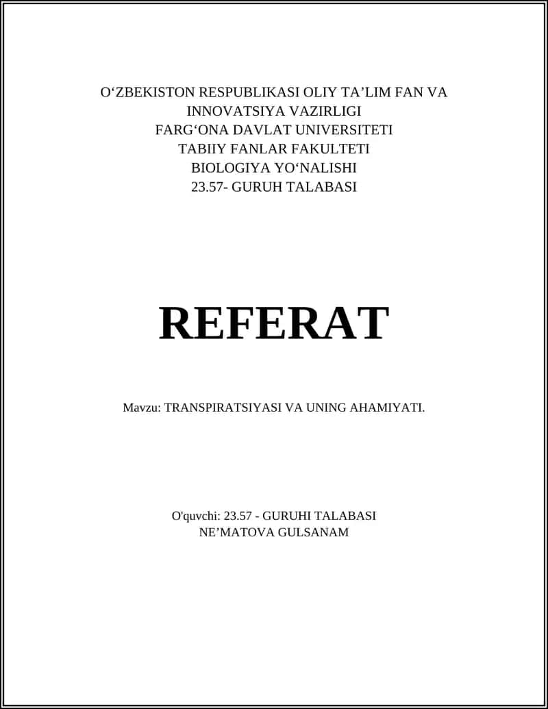 TRANSPIRATSIYASI VA UNING AHAMIYATI