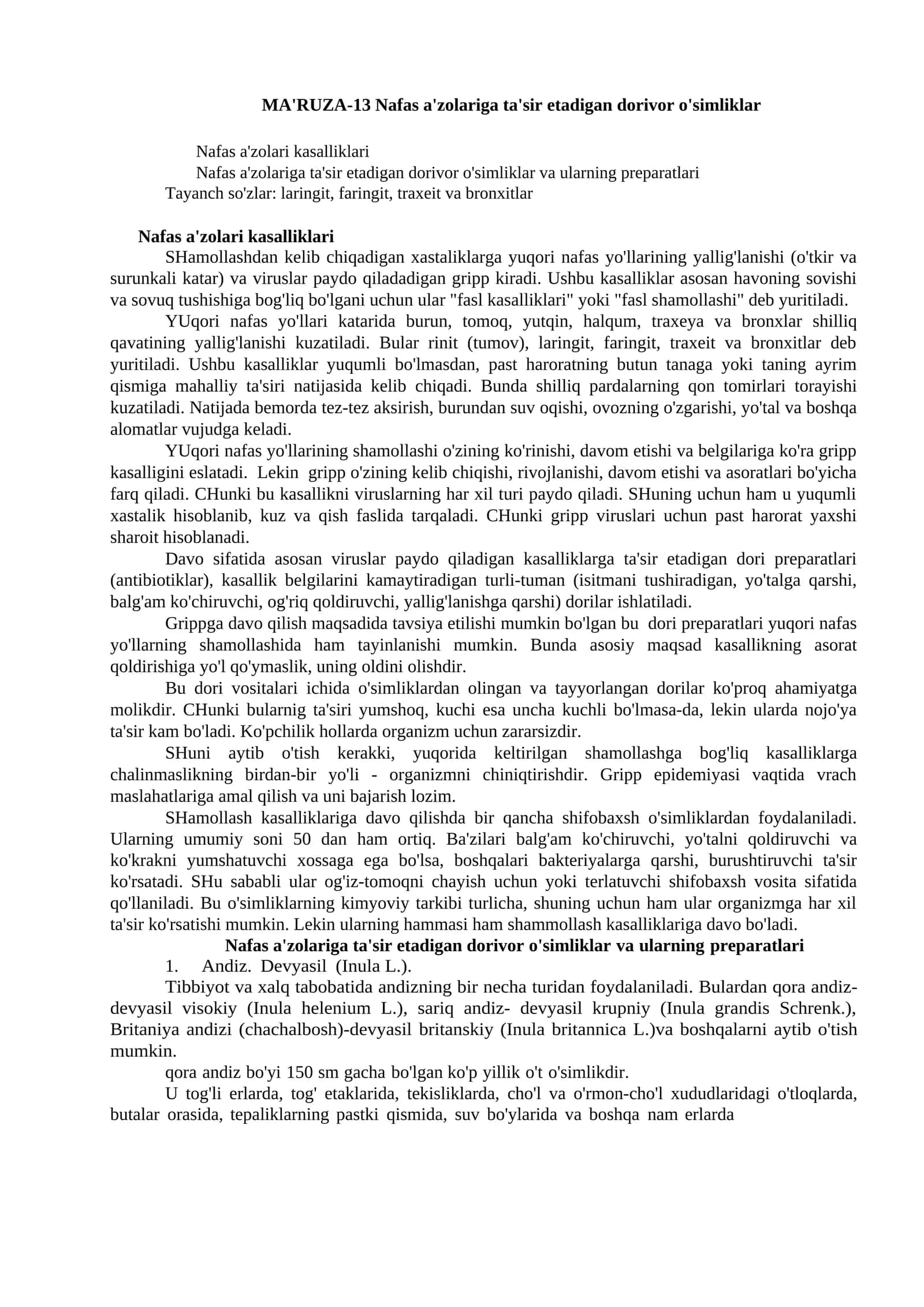 MA'RUZA-13 Nafas a'zolariga ta'sir etadigan dorivor o'simliklar