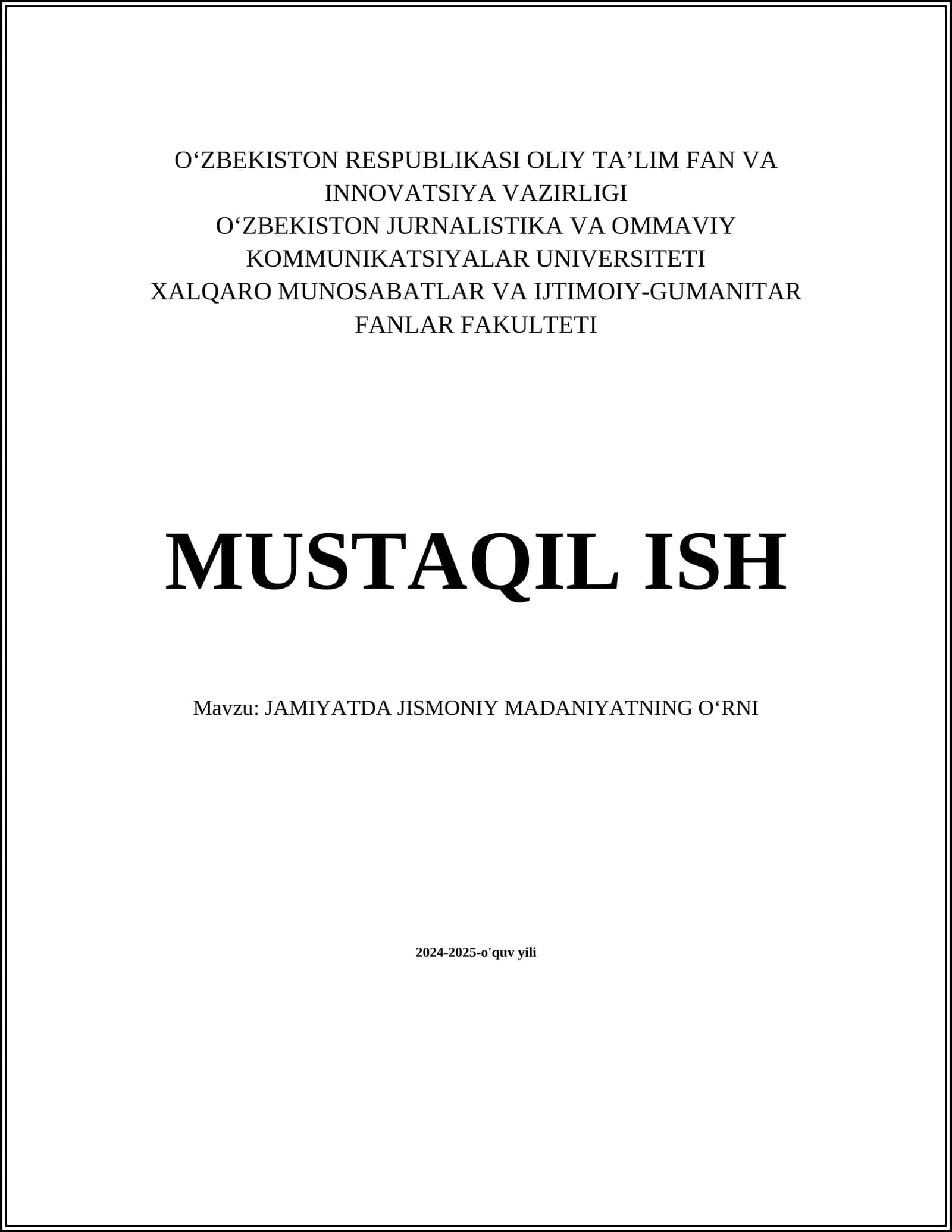 JAMIYATDA JISMONIY MADANIYATNING OʻRNI