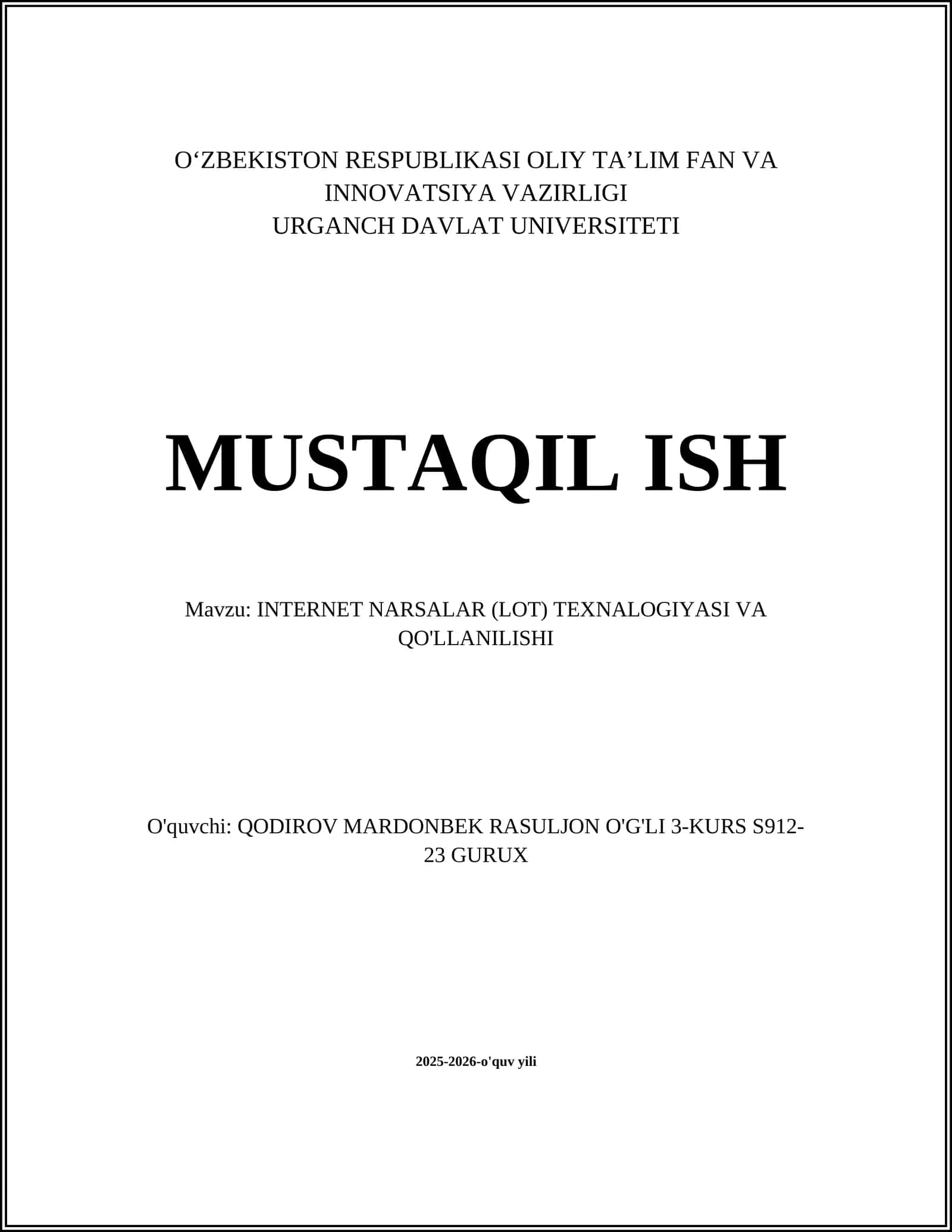 INTERNET NARSALAR (LOT) TEXNALOGIYASI VA QO'LLANILISHI