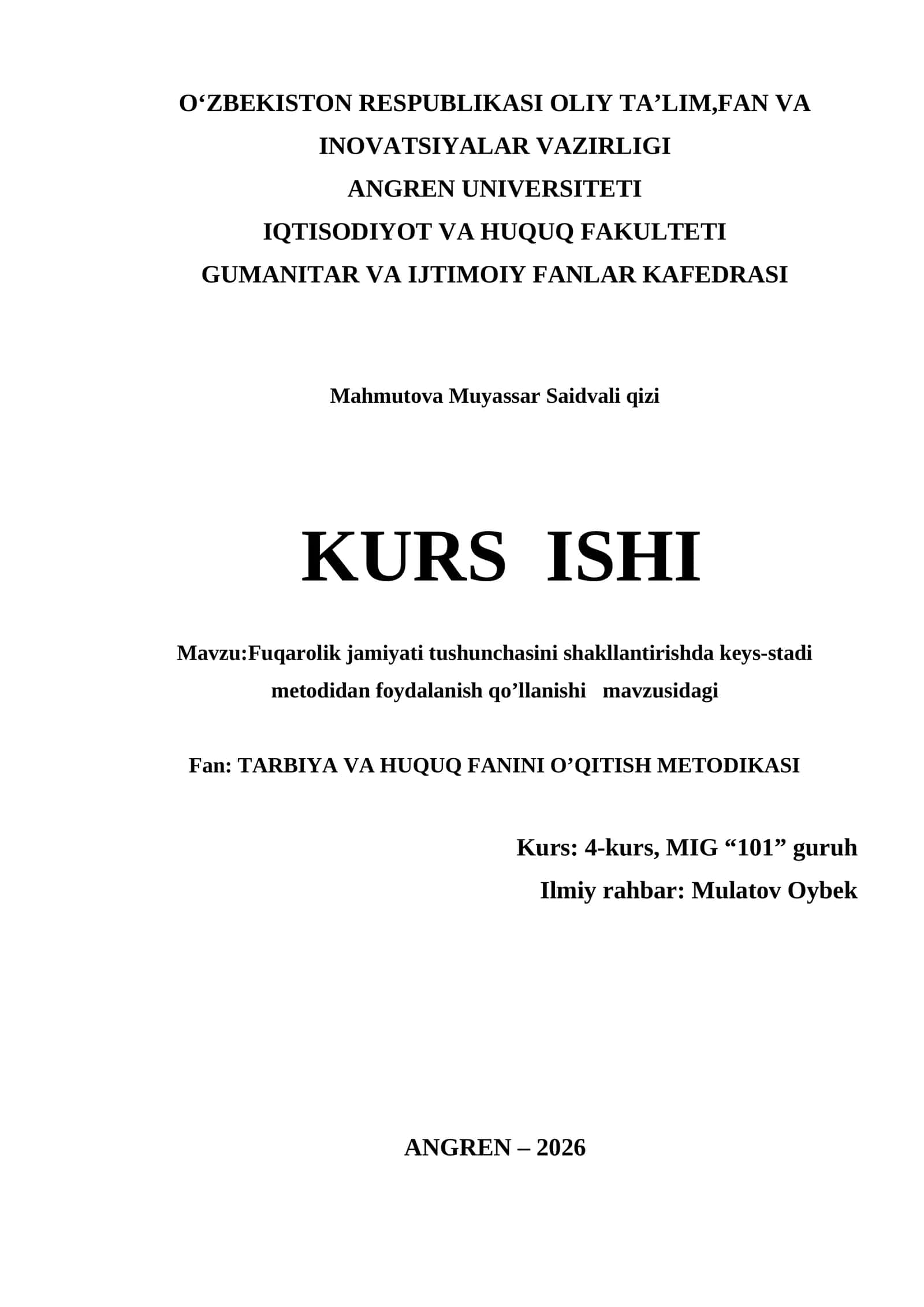 Fuqarolik jamiyati tushunchasini shakllantirishda keys-stadi metodidan foydalanish qo’llanishi