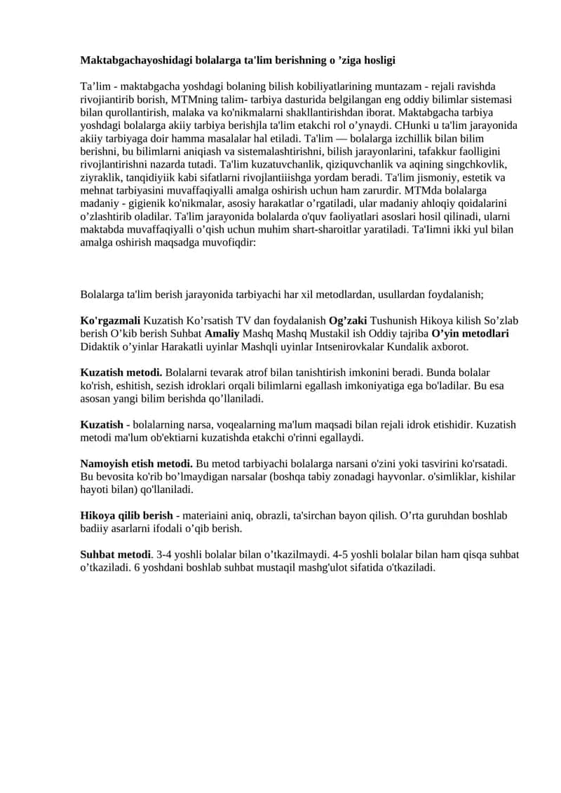 Maktabgacha yoshidagi bolalarga ta'lim berishning о ’ziga hosligi