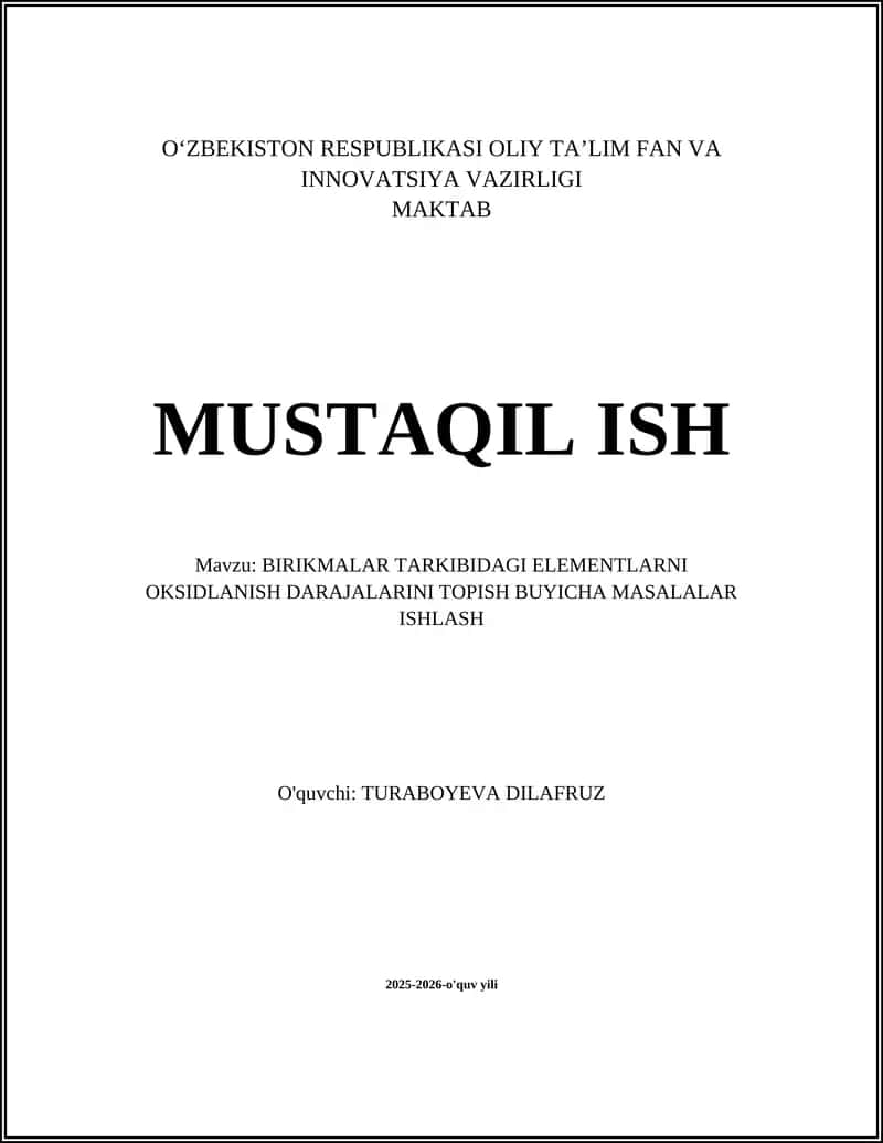 BIRIKMALAR TARKIBIDAGI ELEMENTLARNI OKSIDLANISH DARAJALARINI TOPISH BUYICHA MASALALAR ISHLASH