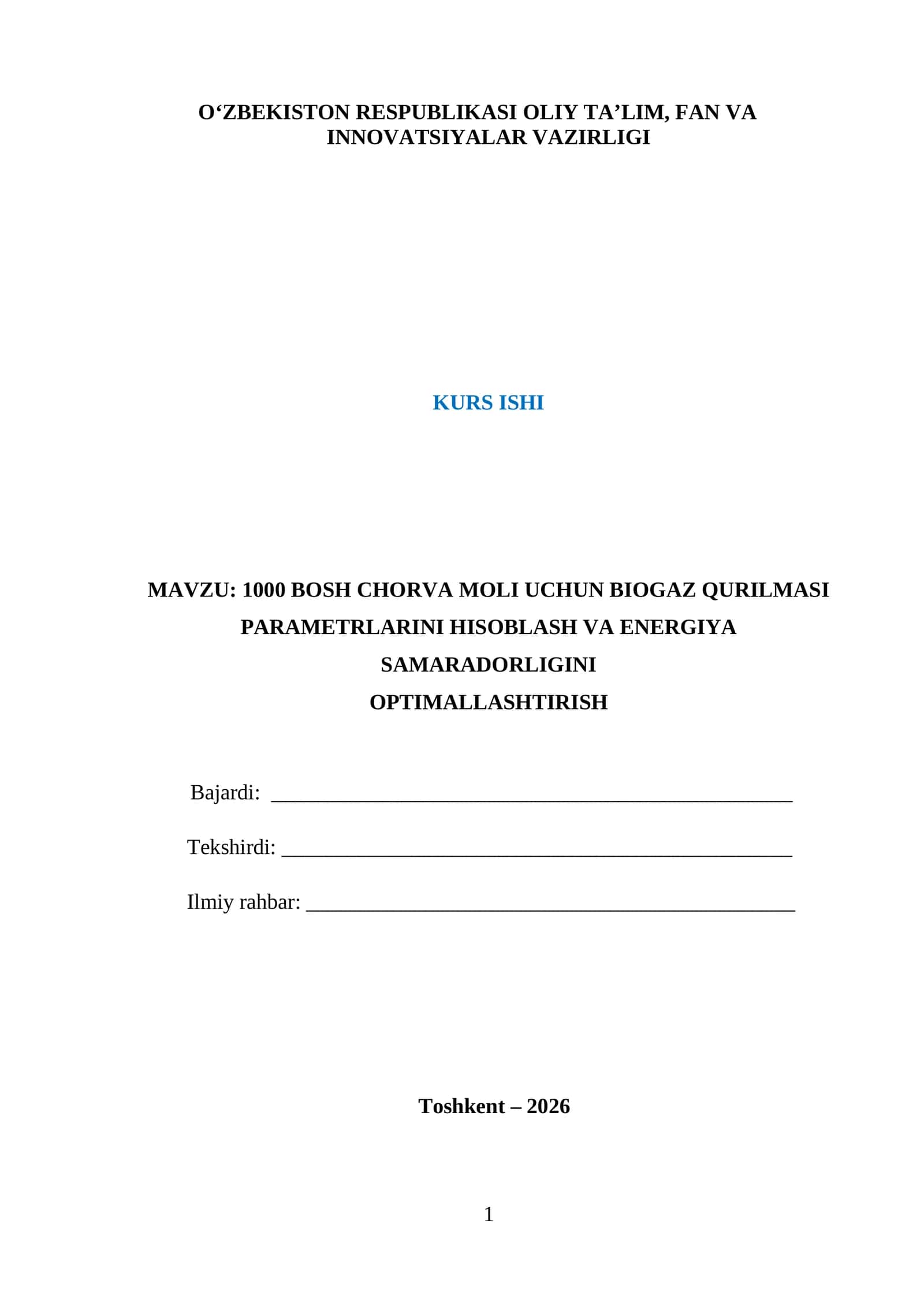 Biogaz qurilmasi uchun parametrlarni hisoblash