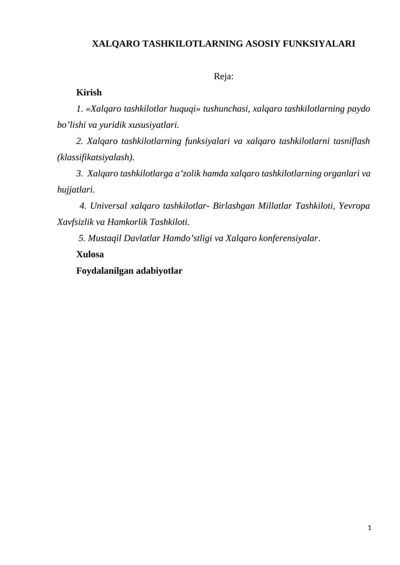 Xalqaro Tashkilotlarning Asosiy Funksiyalari