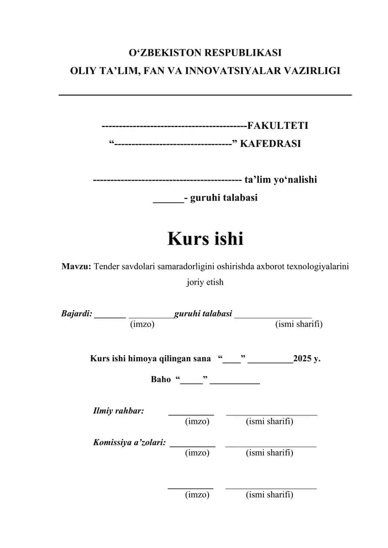 Tender savdolari samaradorligini oshirishda axborot texnologiyalarini joriy etish