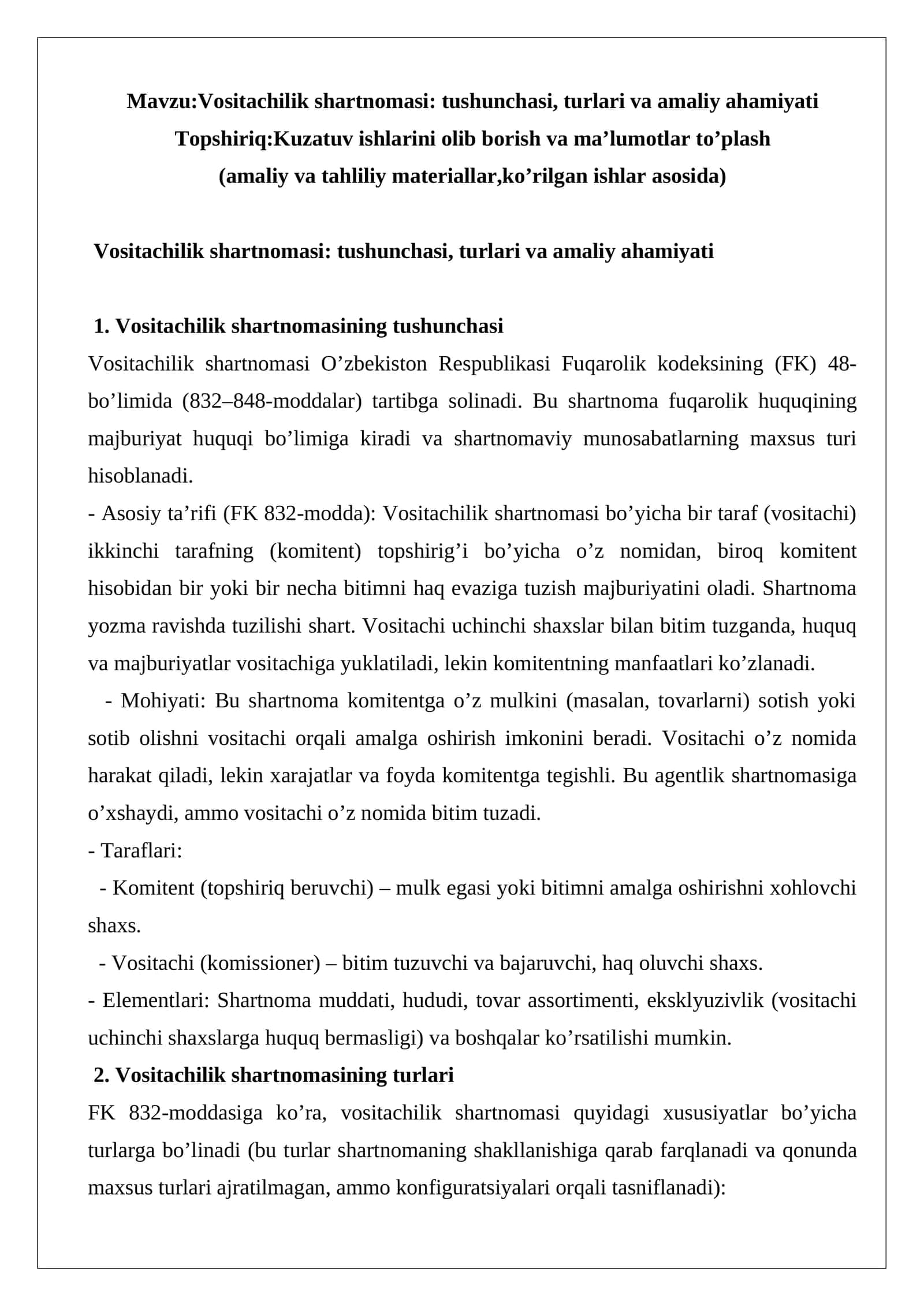 Vositachilik shartnomasi: tushunchasi, turlari va amaliy ahamiyati