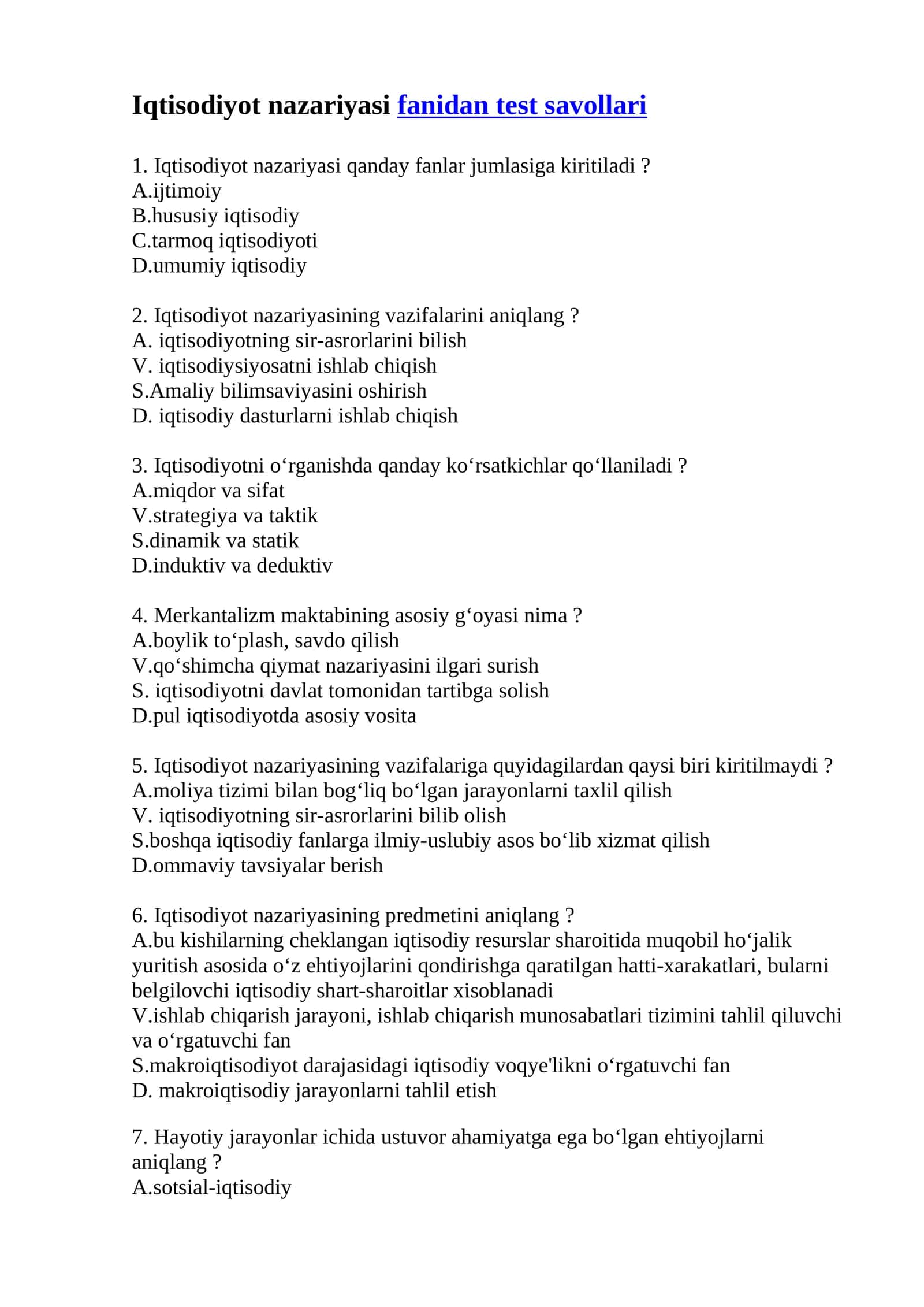 Iqtisodiyot nazariyasi fanidan test savollari