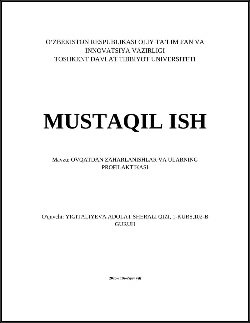 OVQATDAN ZAHARLANISHLAR VA ULARNING PROFILAKTIKASI