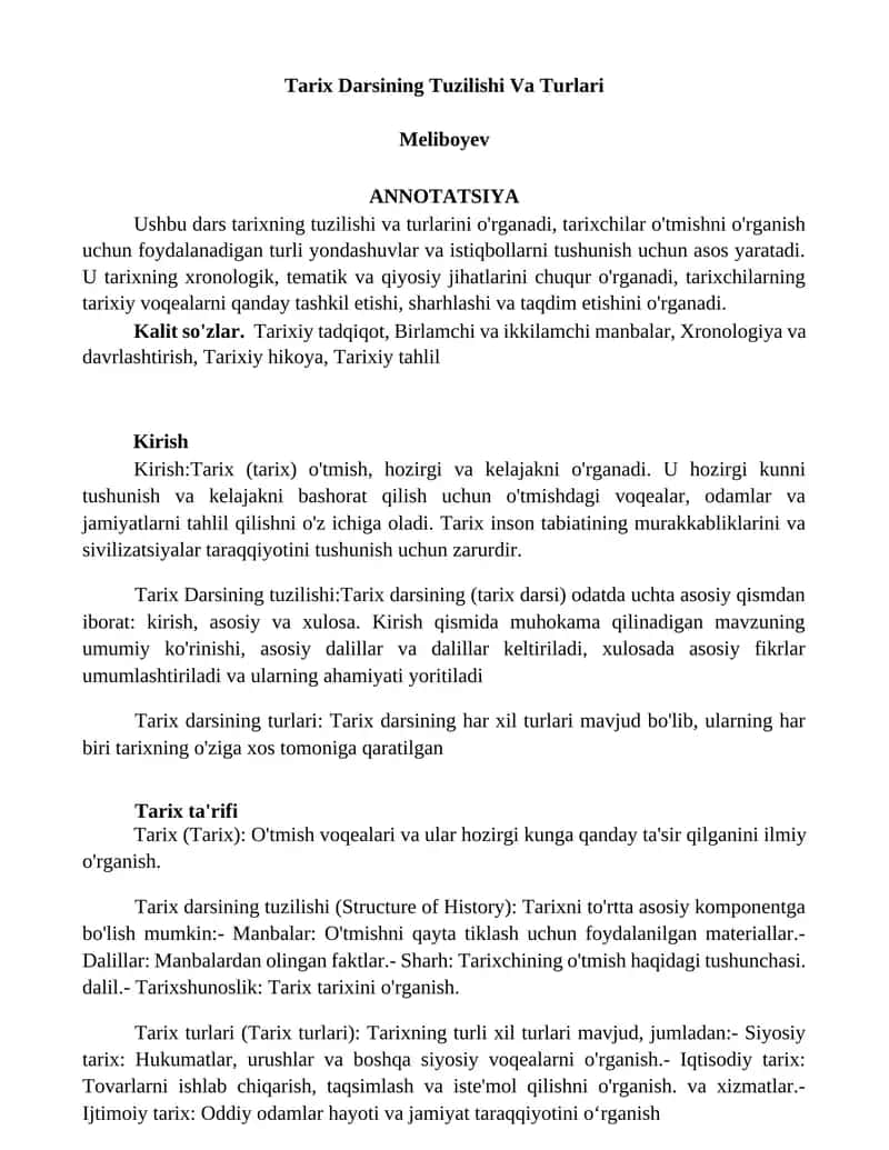 Tarix Darsining Tuzilishi Va Turlari
