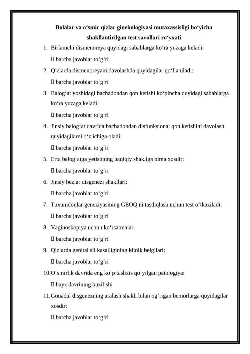 Bolalar va Oʻsmir Qizlar Ginekologiyasi Mutaxassisligi Boʻyicha Shakllantirilgan Test Savollari Roʻyxati