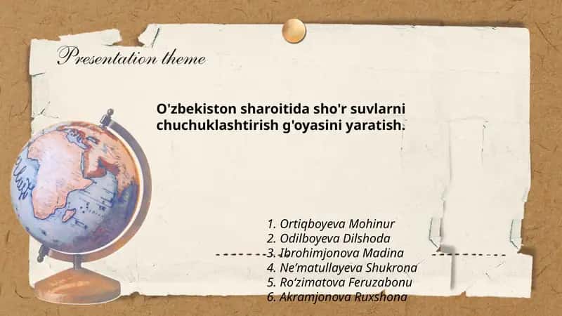 O'zbekiston sharoitida sho'r suvlarni chuchuklashtirish g'oyasini yaratish