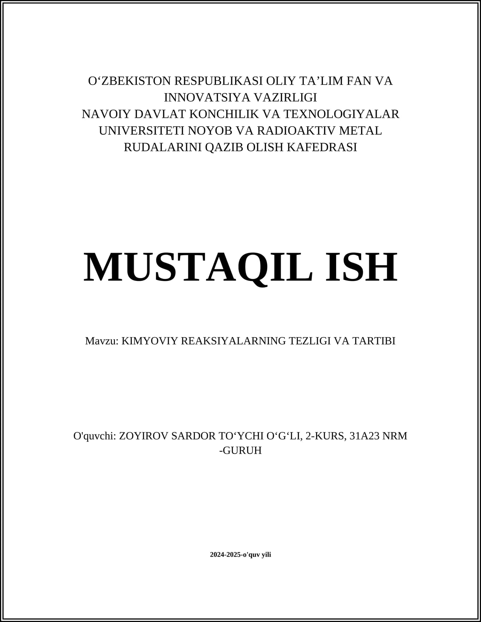 NOYOB VA RADIOAKTIV METAL RUDALARINI QAZIB OLISH KAFEDRASI