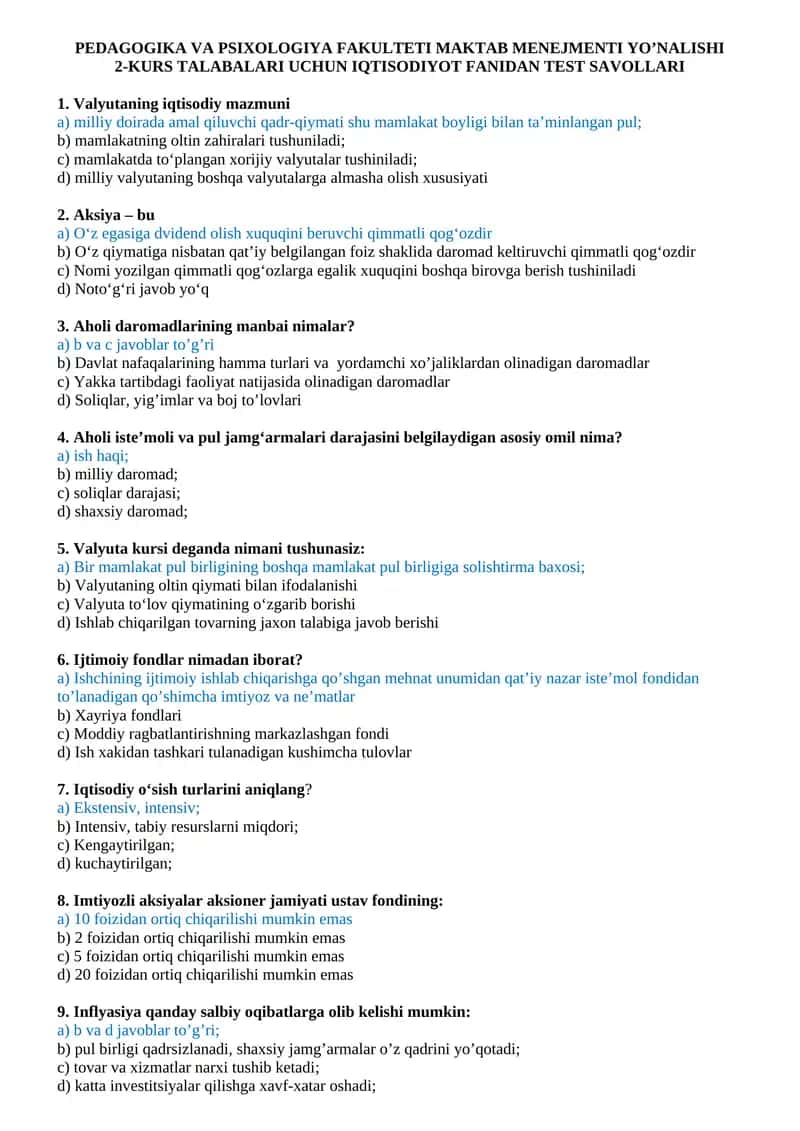 2-KURS TALABALARI UCHUN IQTISODIYOT FANIDAN TEST SAVOLLARI