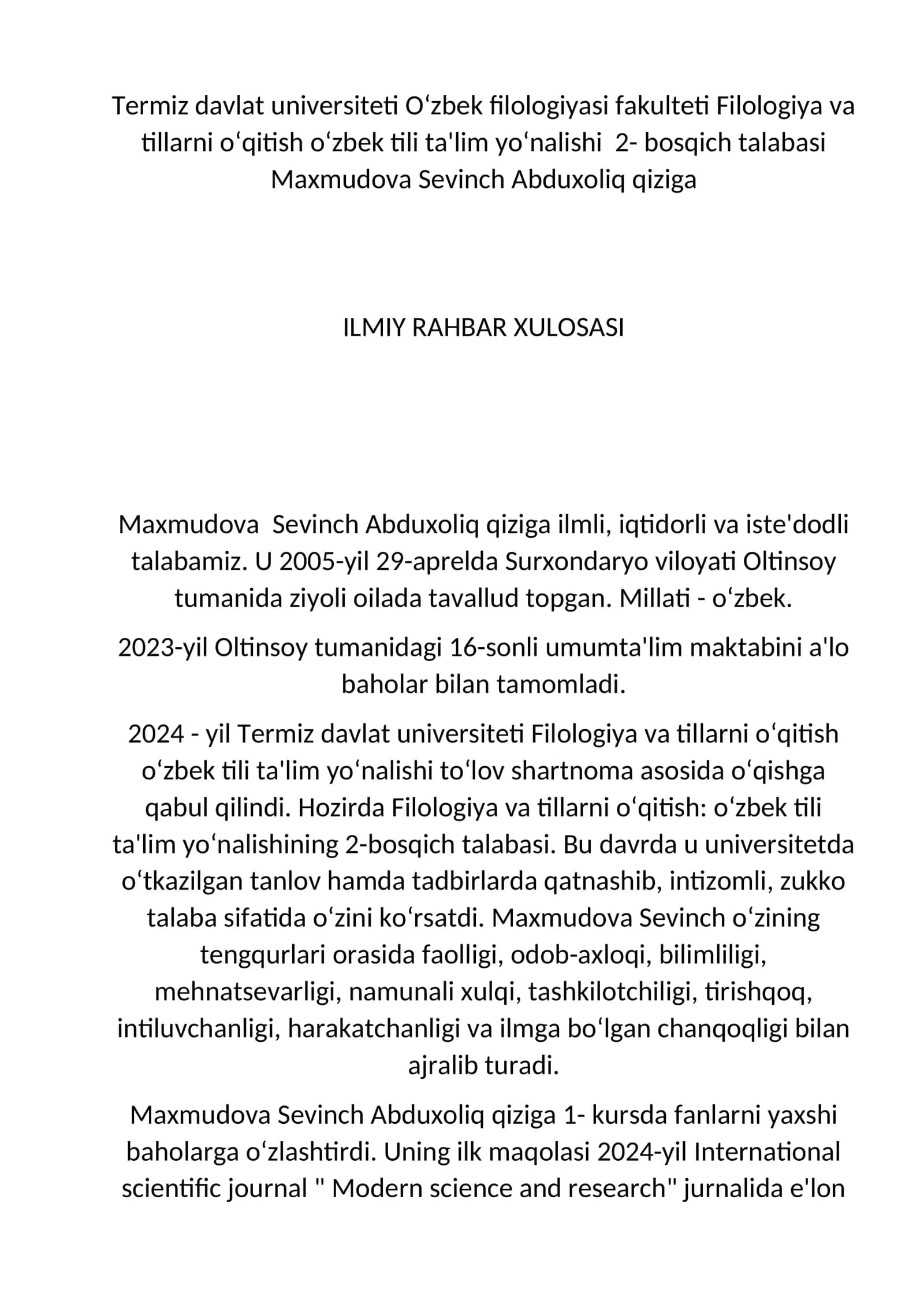 Maxmudova Sevinch Abduxoliq qizi