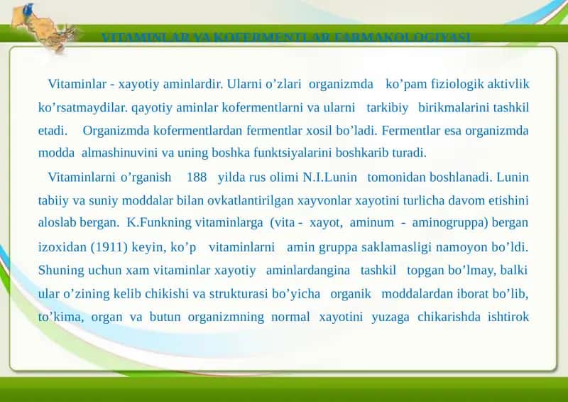VITAMINLAR VA KOFERMENTLAR FARMAKOLOGIYASI