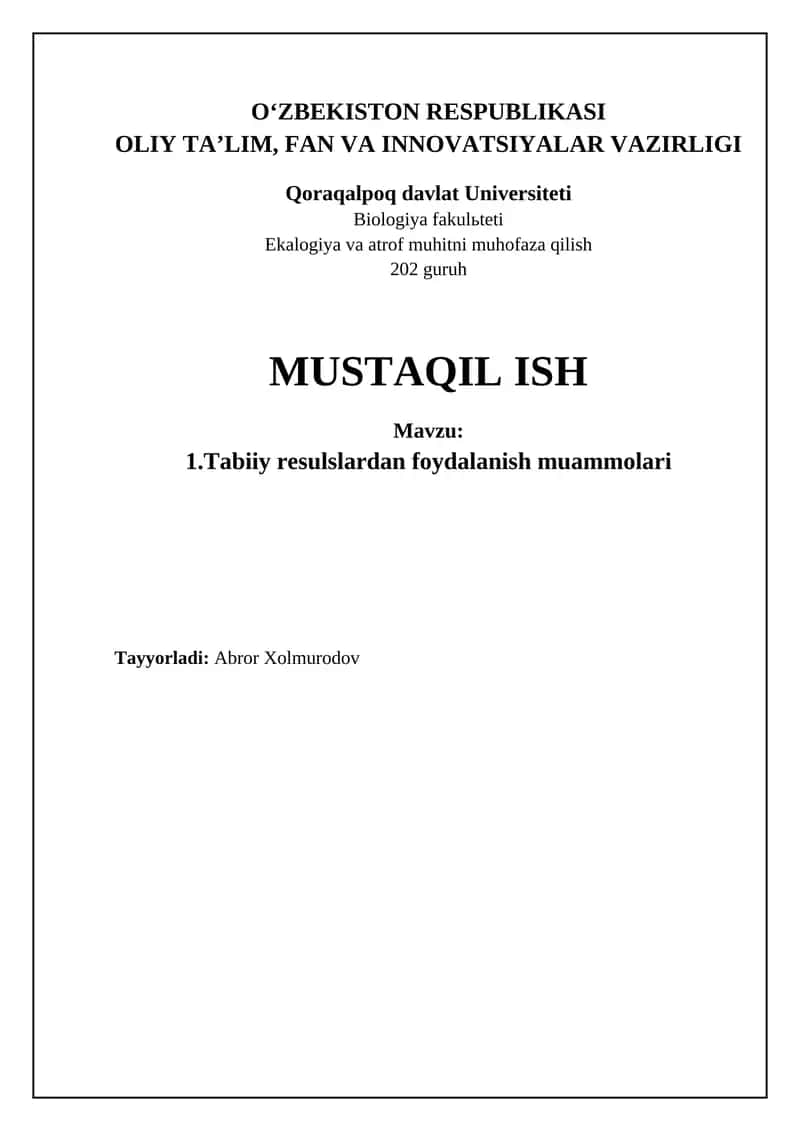 Tabiiy Resurslardan Foydalanish Muammolari