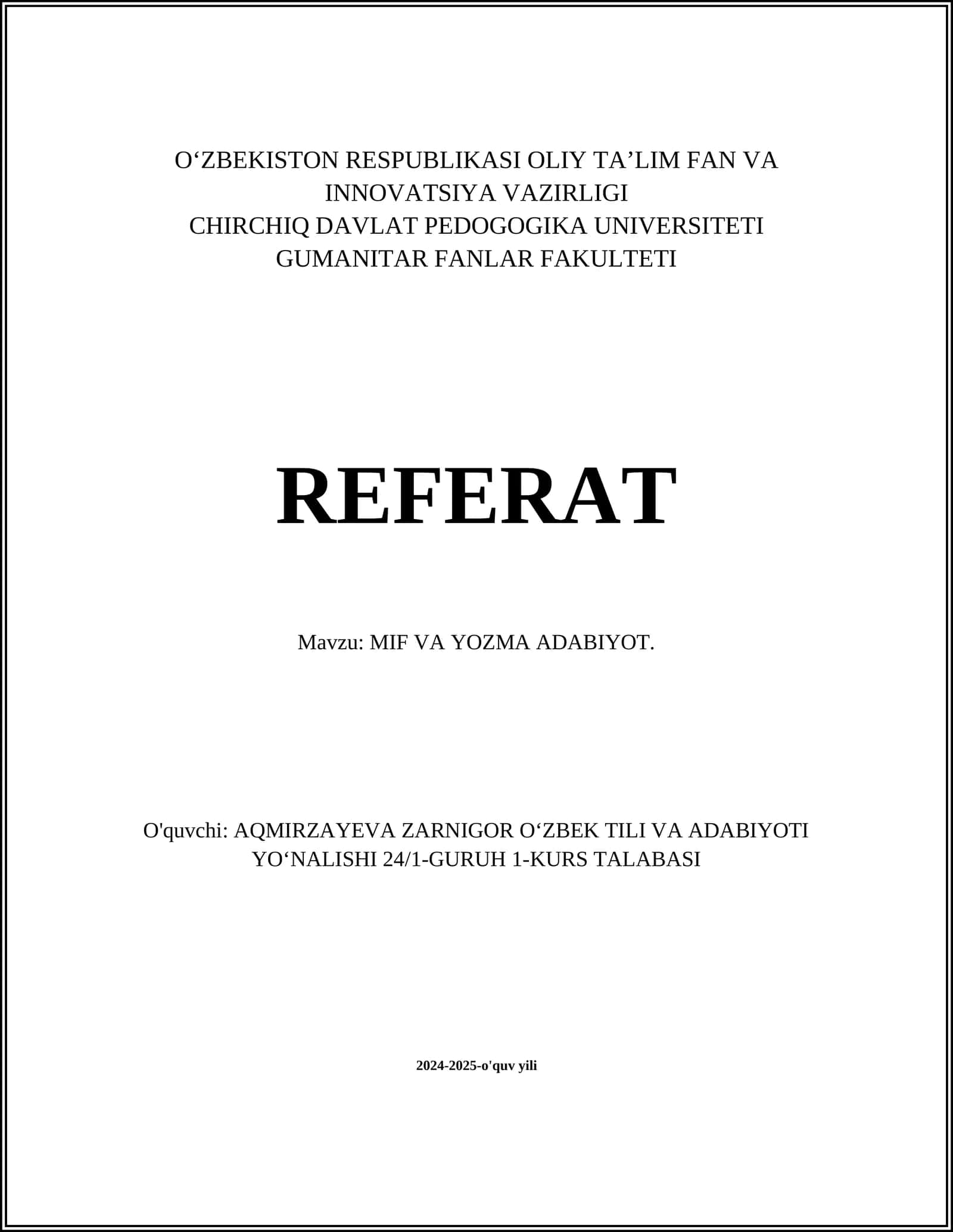 MIF VA YOZMA ADABIYOT