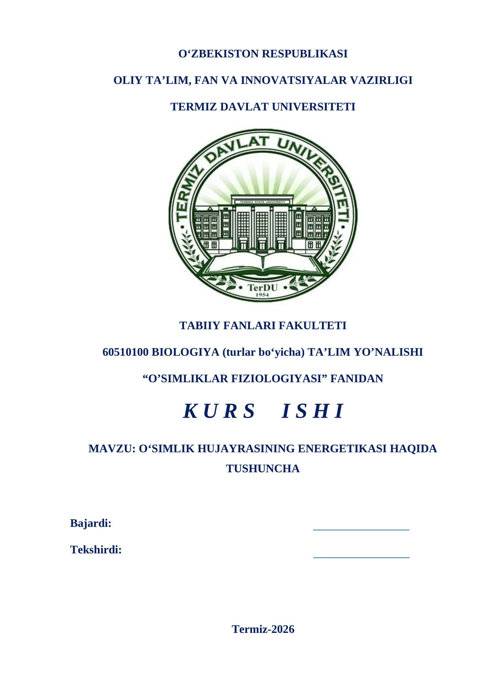O‘SIMLIK HUJAYRASINING ENERGETIKASI HAQIDA TUSHUNCHA