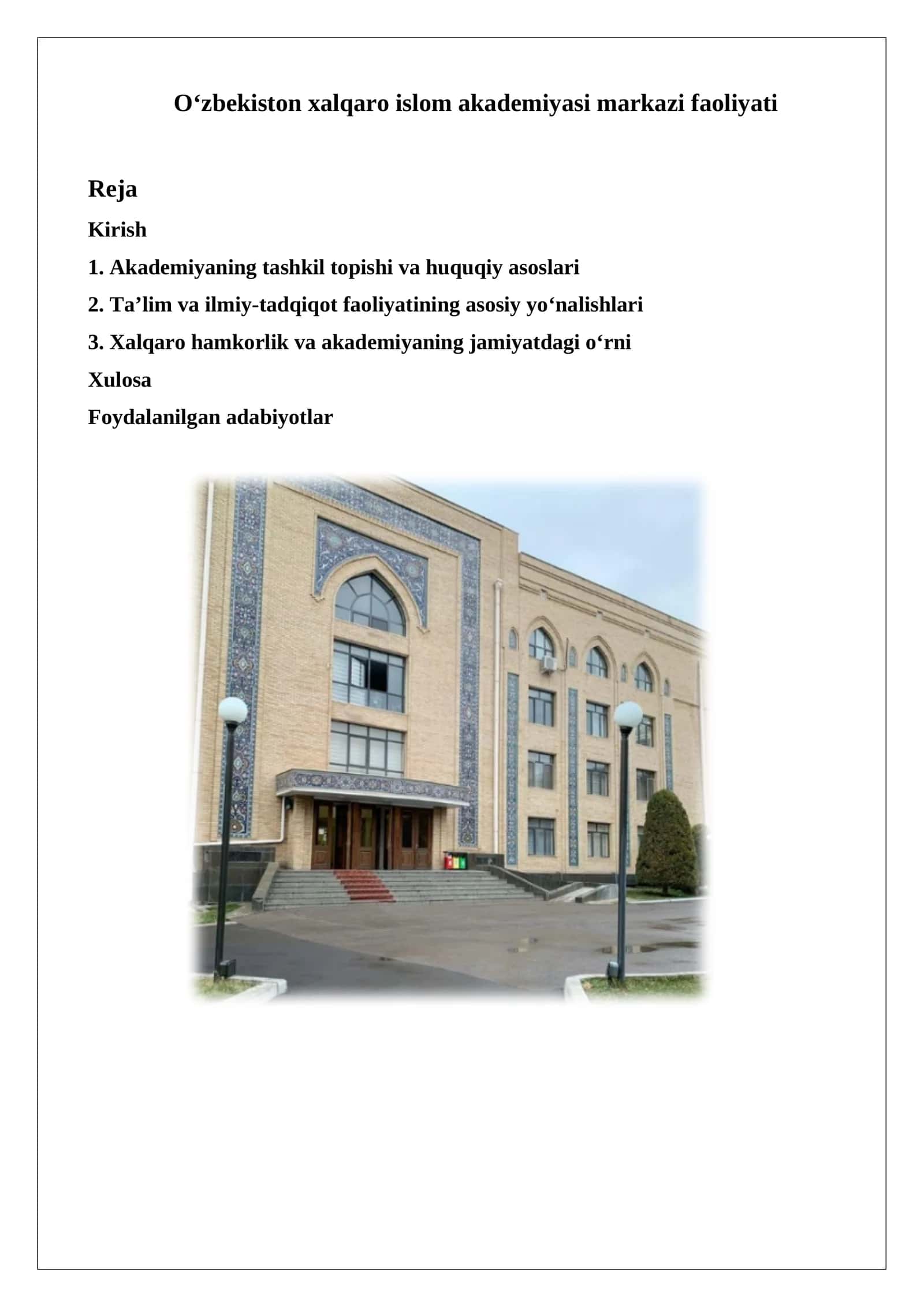 O‘zbekiston xalqaro islom akademiyasi markazi faoliyati