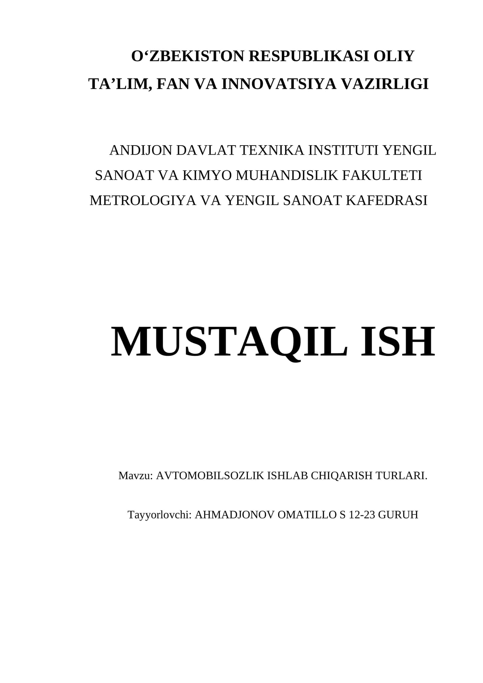 AVTOMOBILSOZLIK ISHLAB CHIQARISH TURLARI