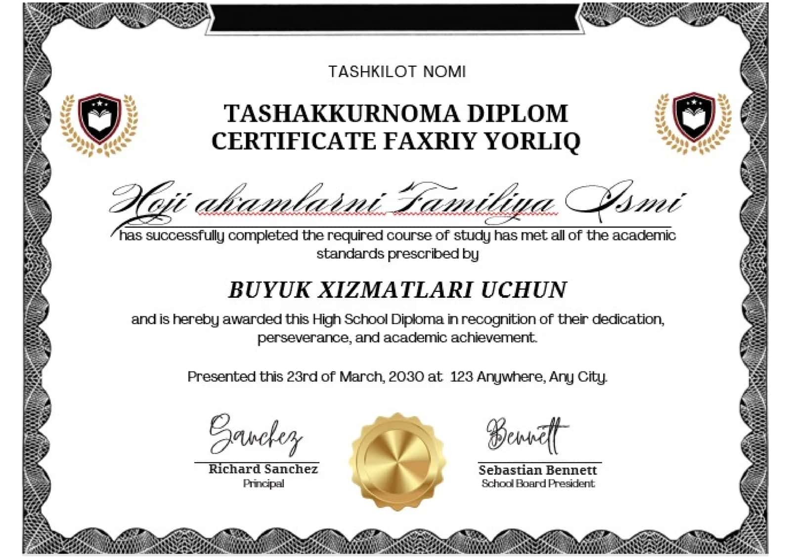 TASHAKKURNOMA DIPLOM CERTIFICATE FAXRIY YORLIQ