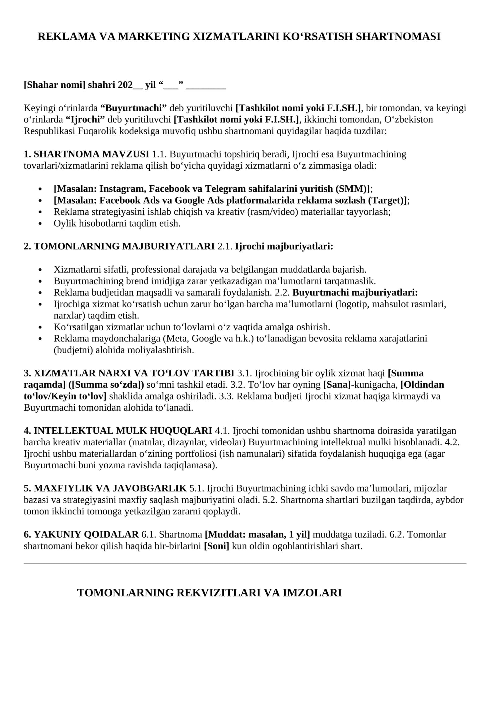 REKLAMA VA MARKETING XIZMATLARINI KO‘RSATISH SHARTNOMASI