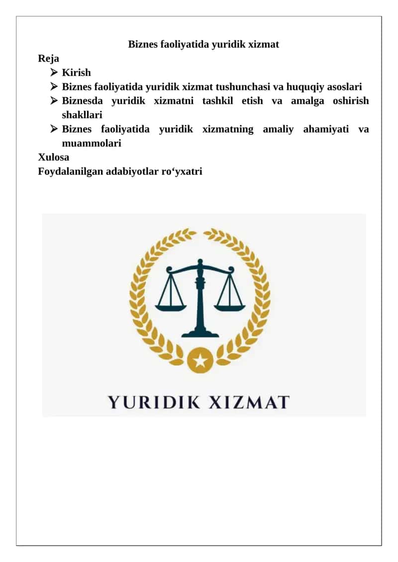 Biznes faoliyatida yuridik xizmat