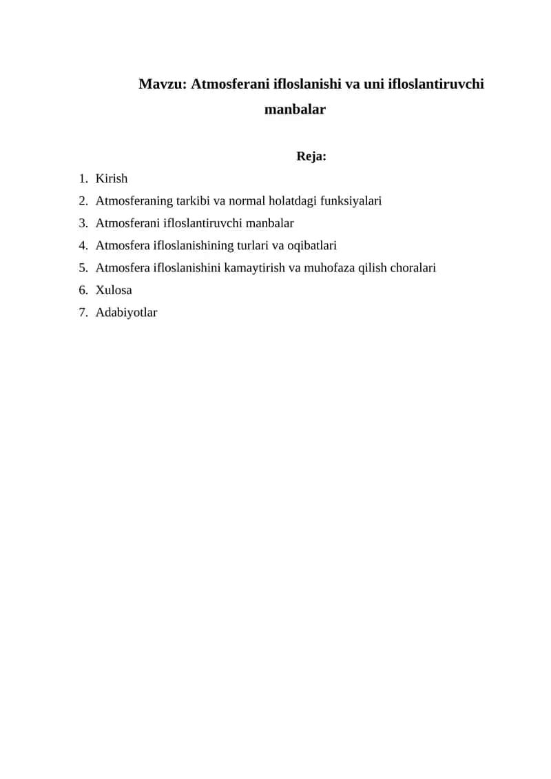 Atmosferani ifloslanishi va uni ifloslantiruvchi manbalar
