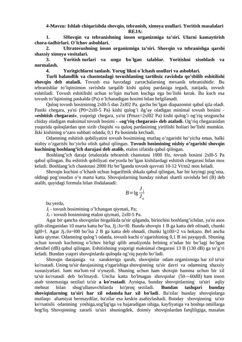 Ishlab chiqarishda shovqin, tebranish, ximoya usullari. Yoritish masalalari
