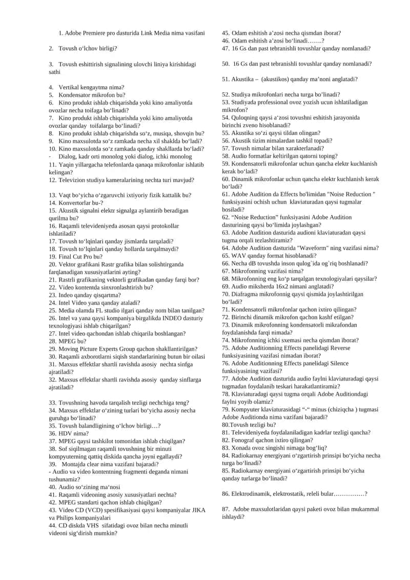 Adobe Premiere pro dasturi va ovoz texnologiyalari bo'yicha savollar