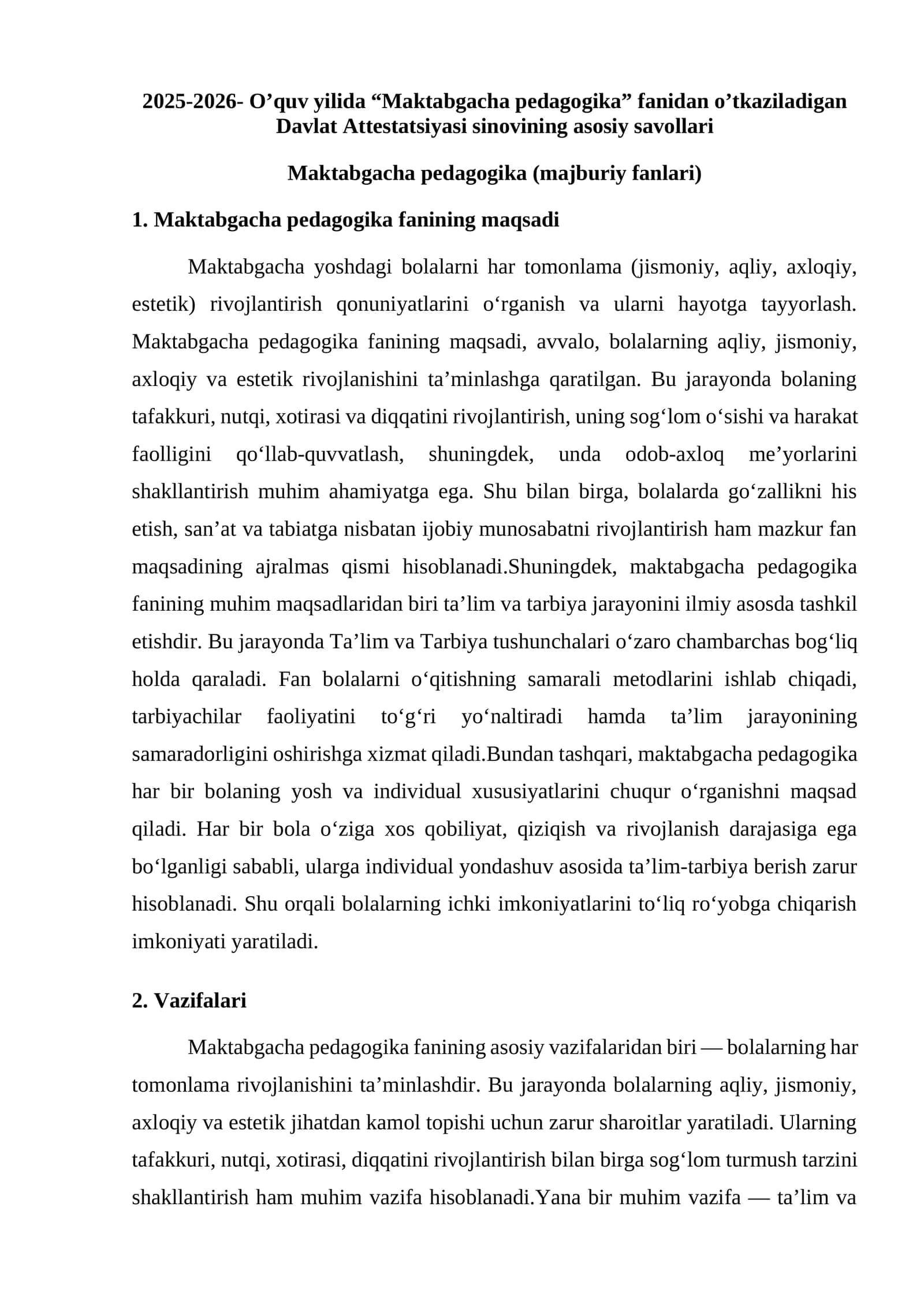Maktabgacha pedagogika (majburiy fanlari)