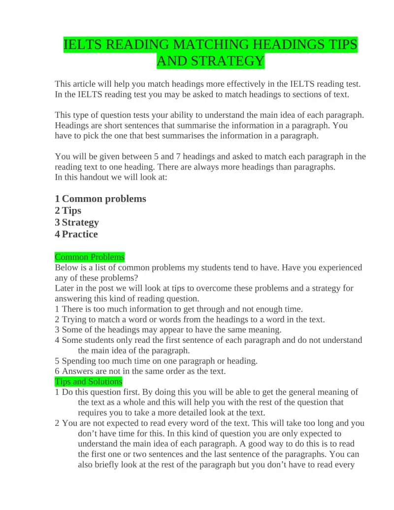 IELTS READING MATCHING HEADINGS TIPS AND STRATEGY