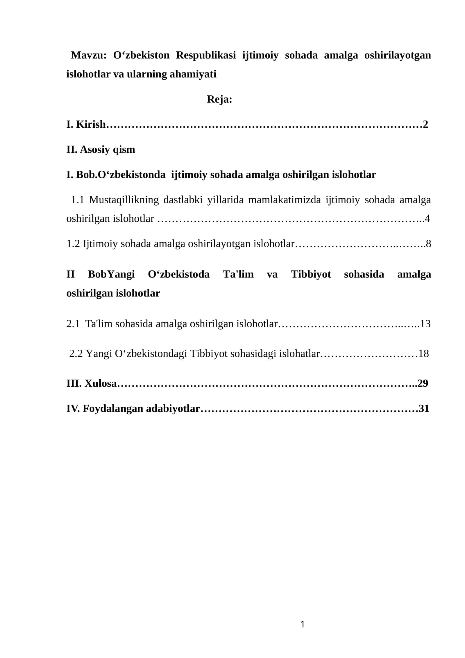 O‘zbekiston Respublikasi ijtimoiy sohada amalga oshirilayotgan islohotlar va ularning ahamiyati