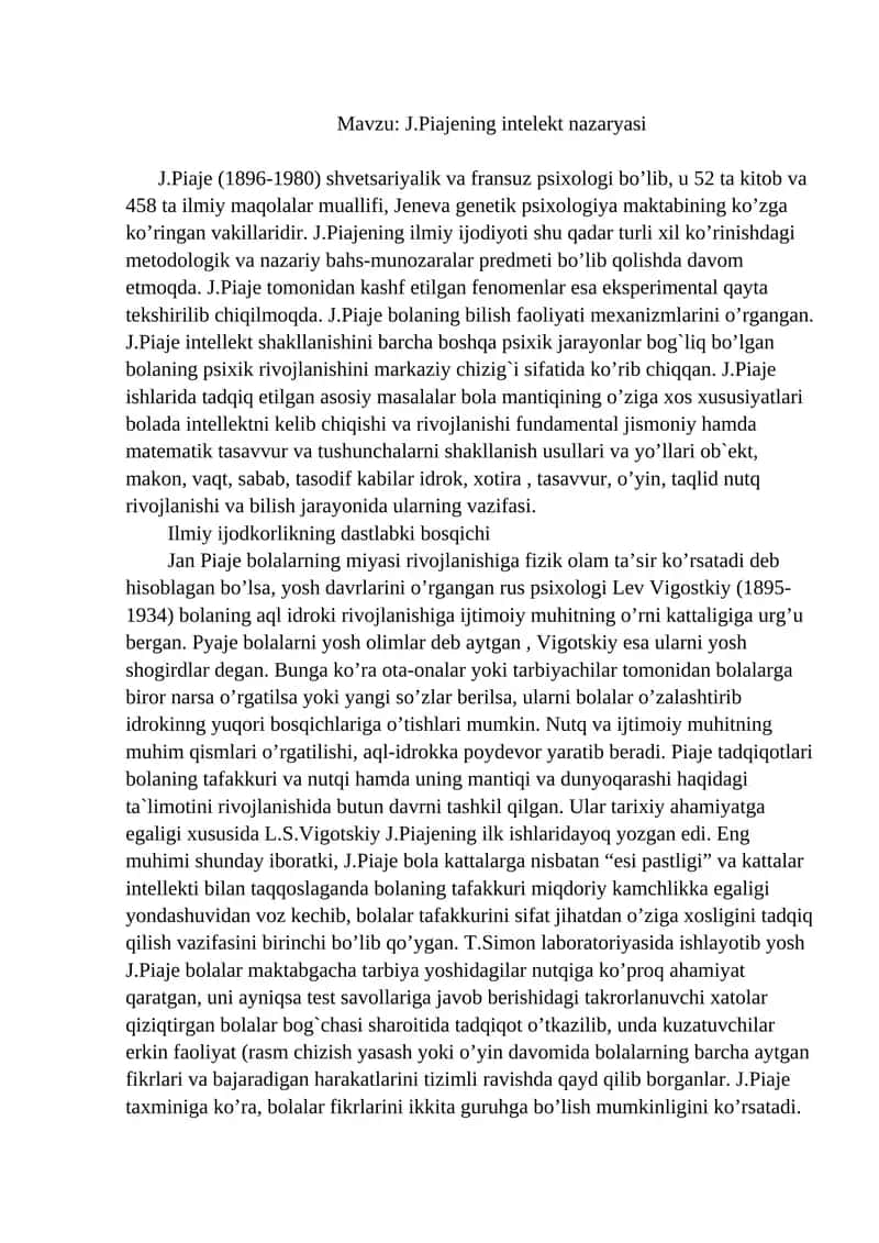 J.Piajening intelekt nazaryasi