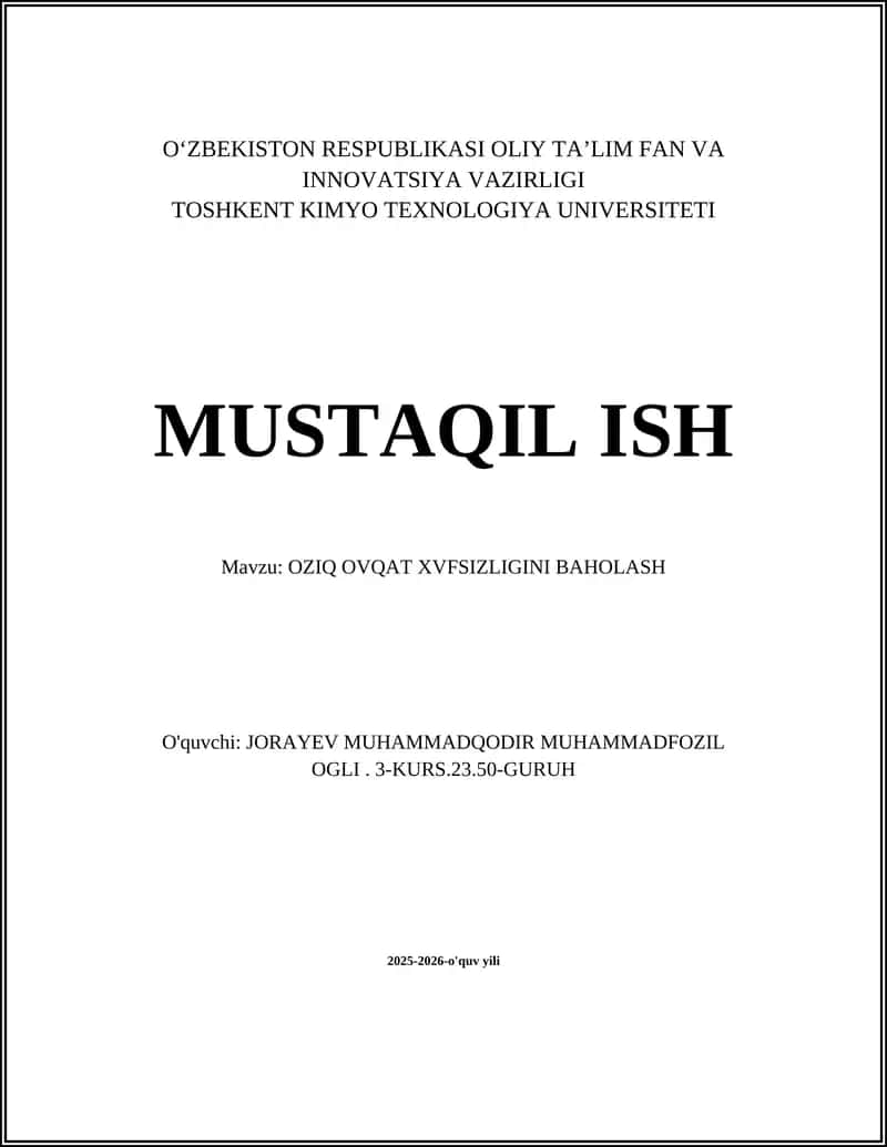 OZIQ OVQAT XVFSIZLIGINI BAHOLASH