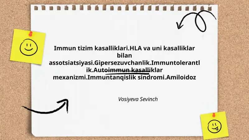 Immun tizim kasalliklari.HLA va uni kasalliklar bilan assotsiatsiyasi.Gipersezuvchanlik.Immuntolerantlik.Autoimmun kasalliklar mexanizmi.Immuntanqislik sindromi.Amiloidoz
