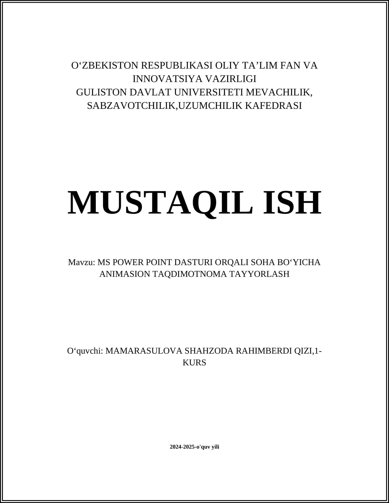 MS POWER POINT DASTURI ORQALI SOHA BOʻYICHA ANIMASION TAQDIMOTNOMA TAYYORLASH