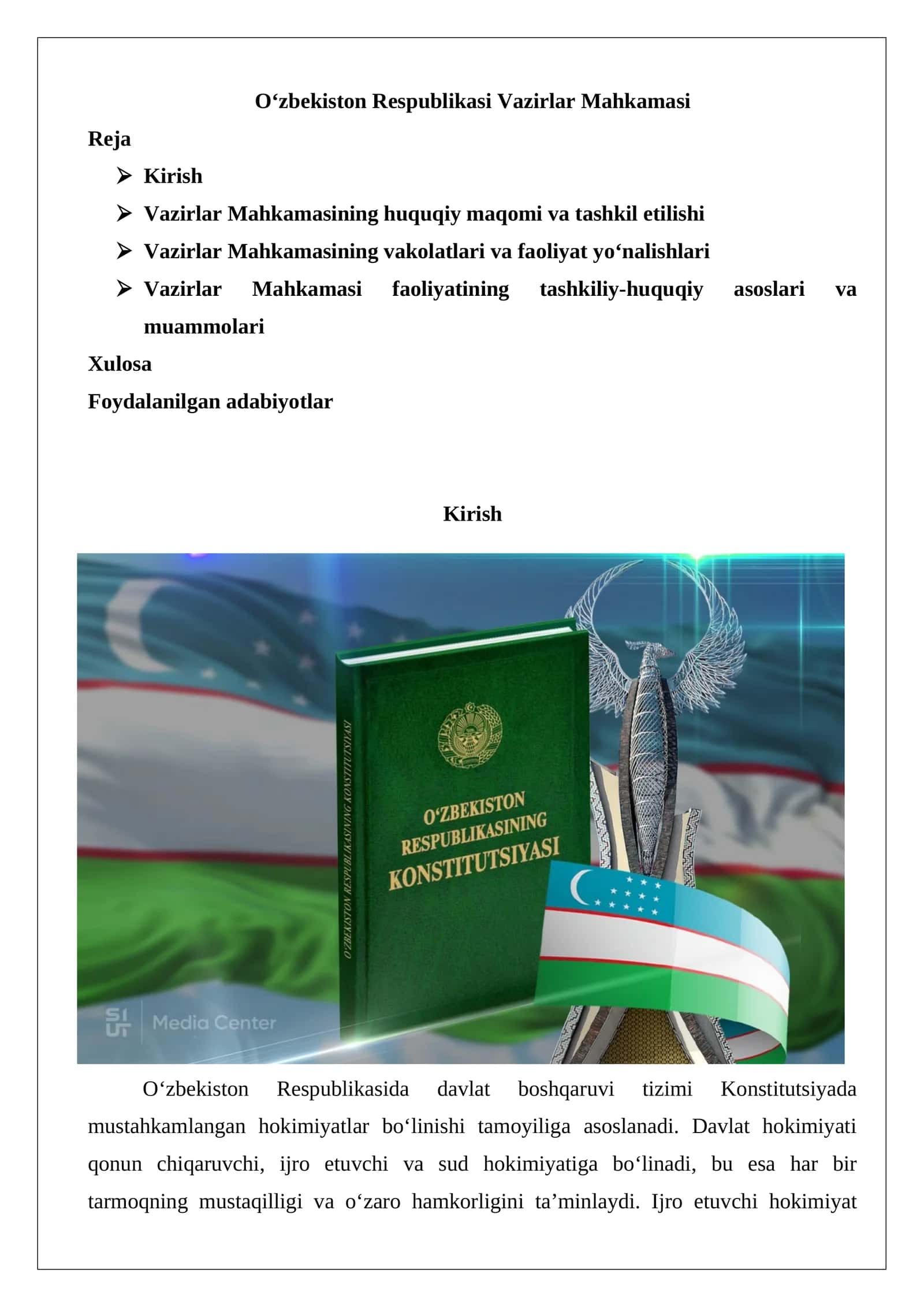Vazirlar Mahkamasining huquqiy maqomi va tashkil etilishi