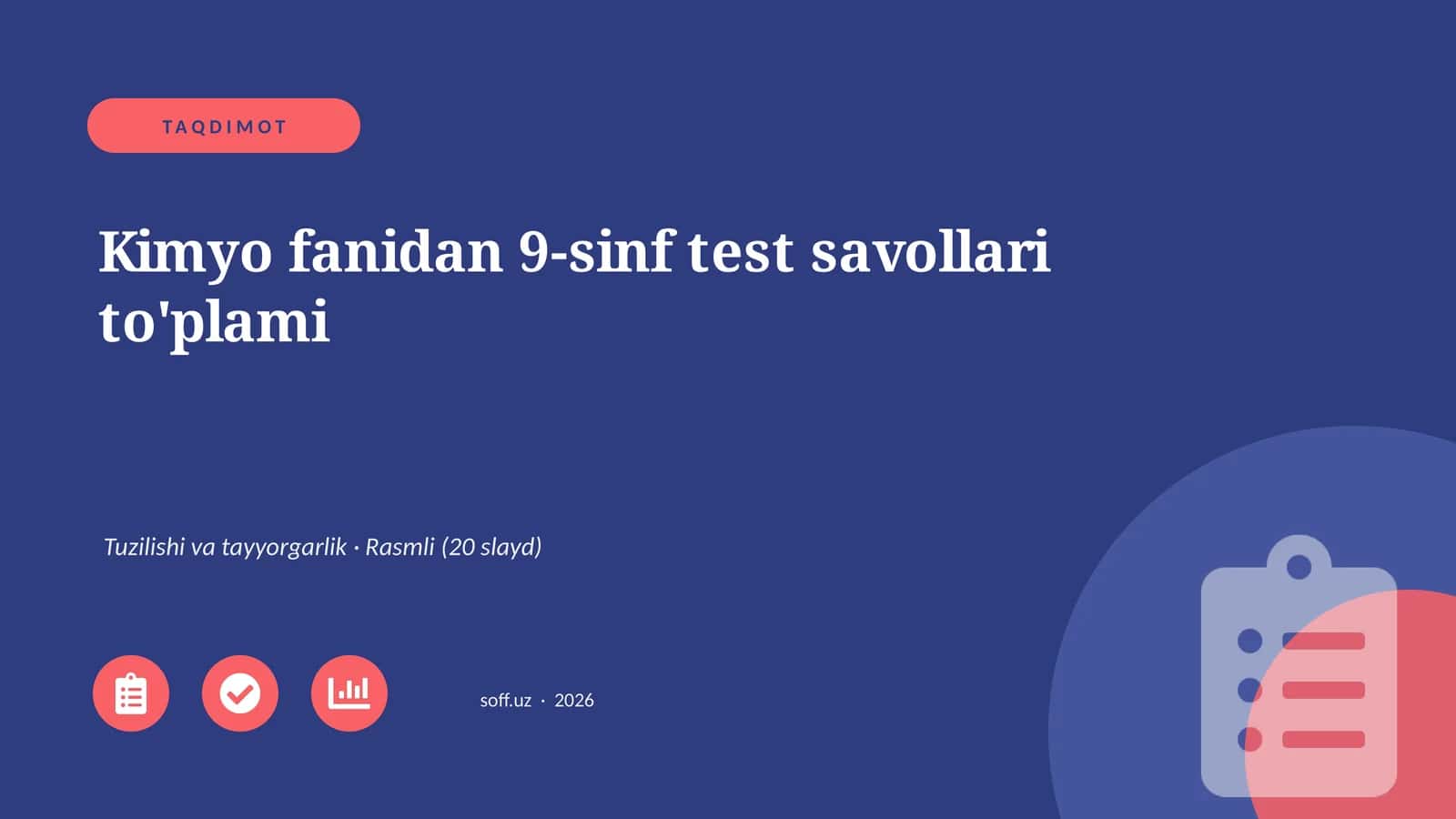 9-sinf Kimyo fanidan test savollari to'plami