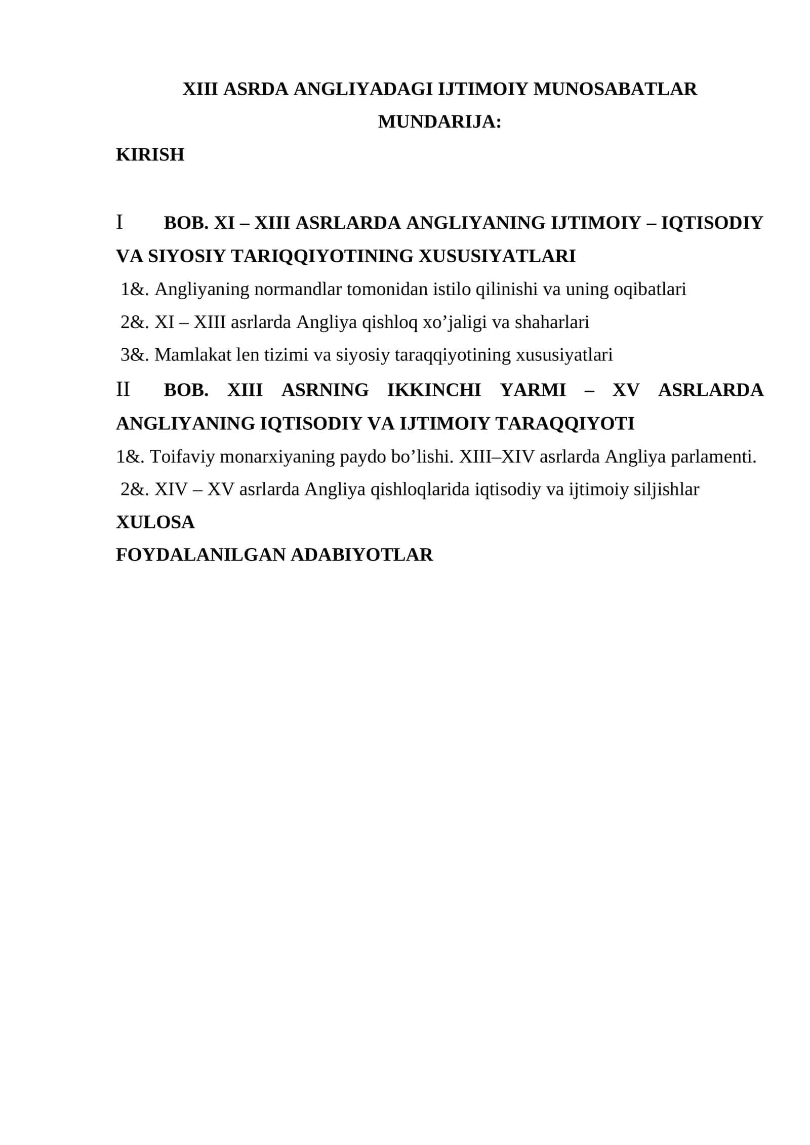 XIII ASRDA ANGLIYADAGI IJTIMOIY MUNOSABATLAR