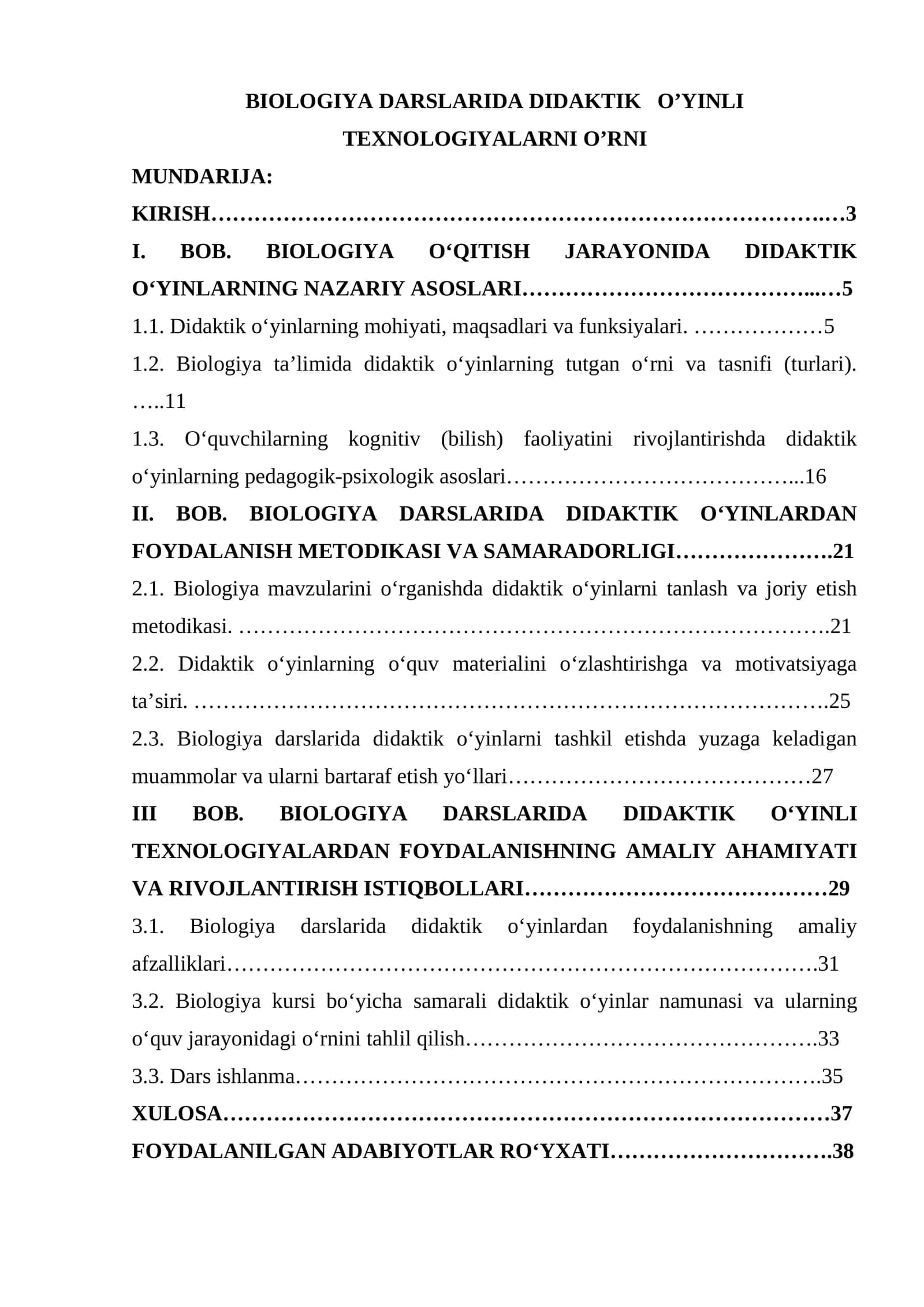 BIOLOGIYA DARSLARIDA DIDAKTIK O’YINLI TEXNOLOGIYALARNI O’RNI
