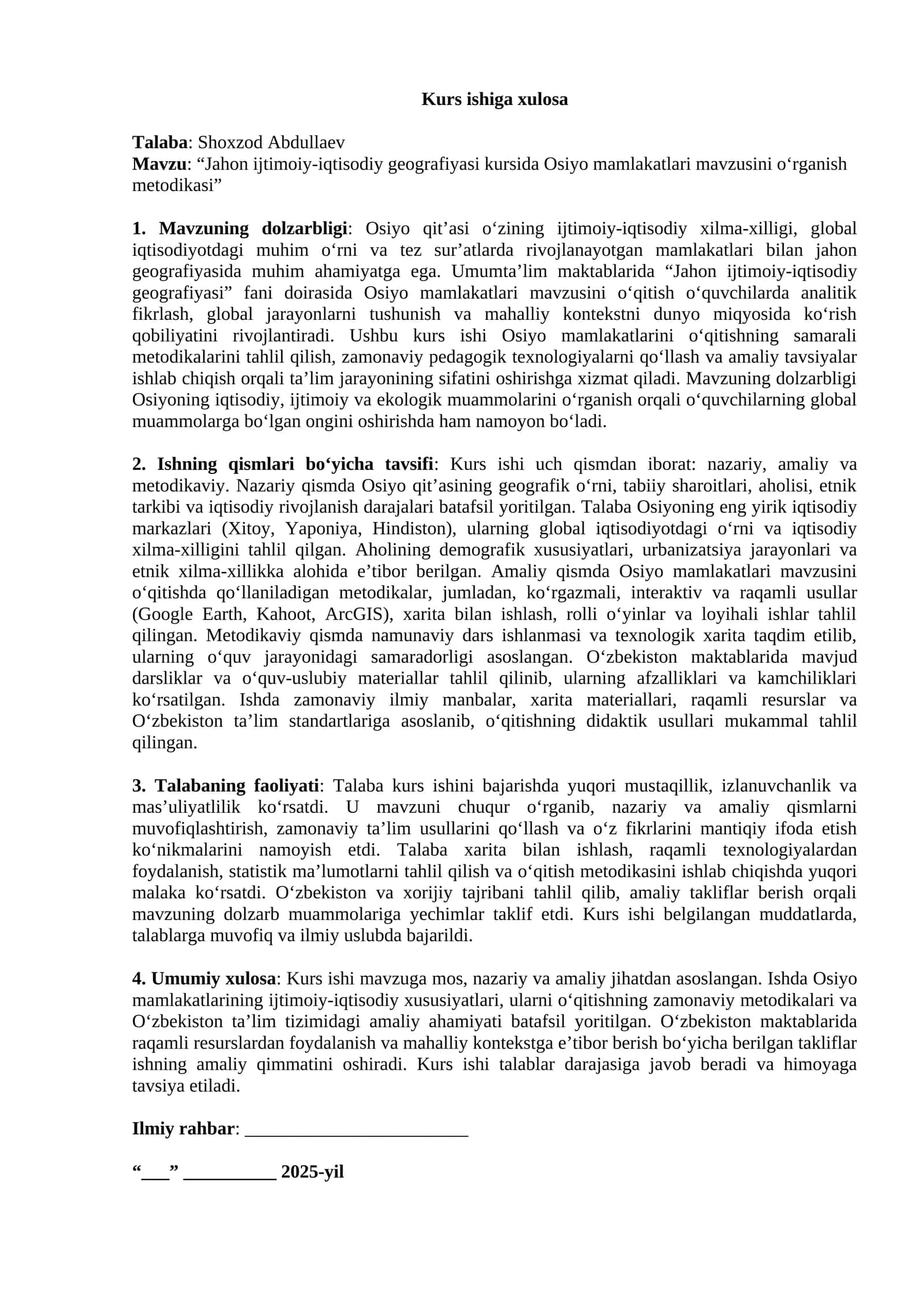 Jahon ijtimoiy-iqtisodiy geografiyasi kursida Osiyo mamlakatlari mavzusini o‘rganish metodikasi