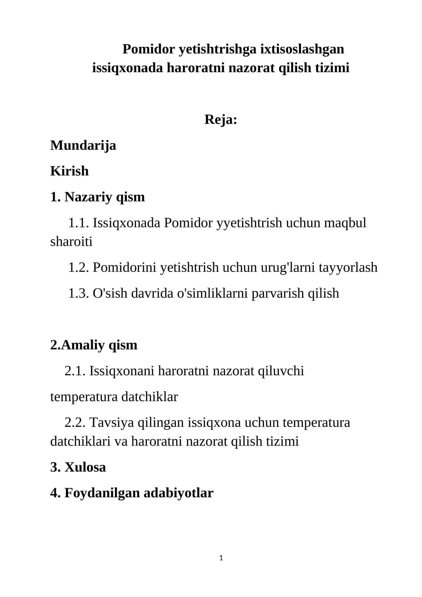 Pomidor yetishtrishga ixtisoslashgan issiqxonada haroratni nazorat qilish tizimi
