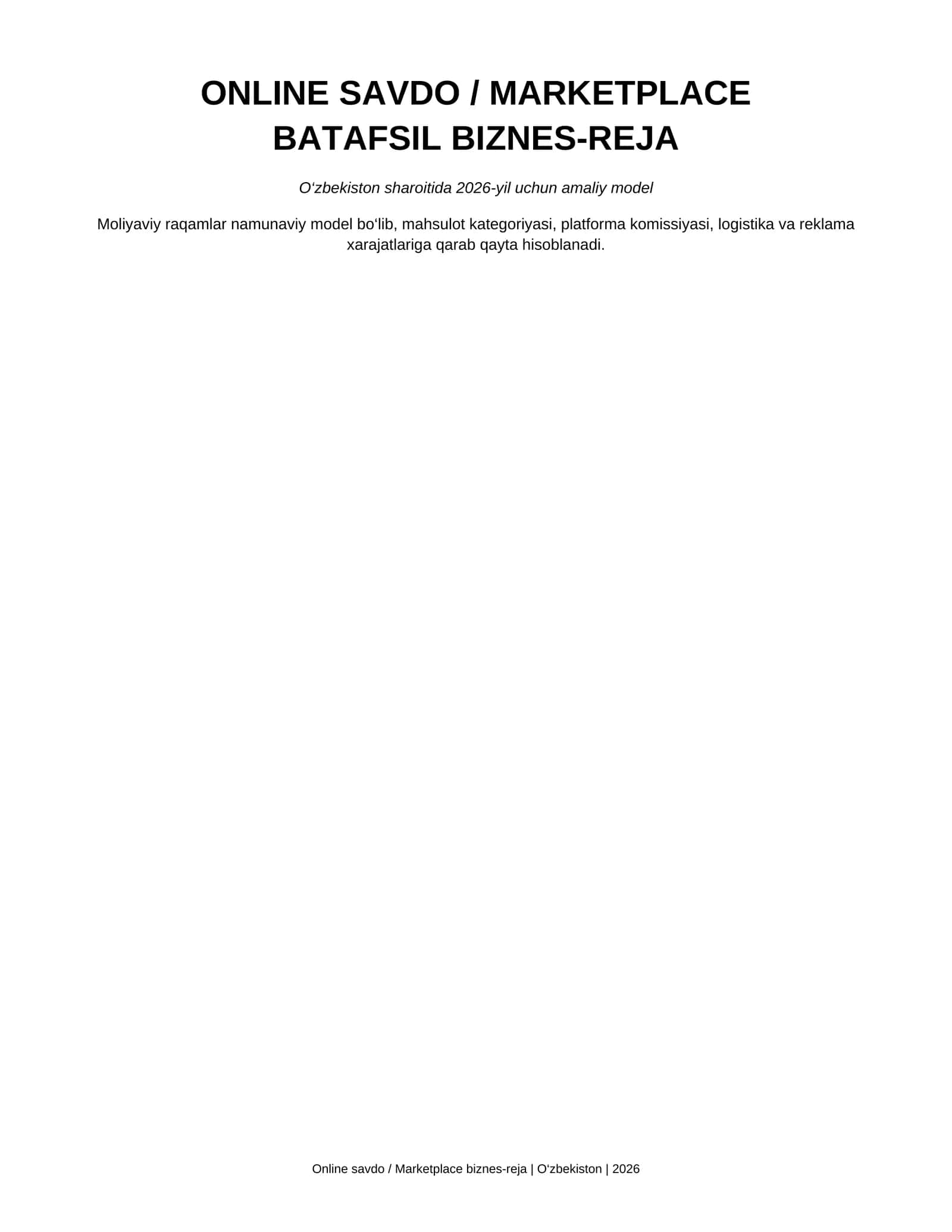 Biznes reja. ONLINE SAVDO / MARKETPLACE 2026-yil uchun