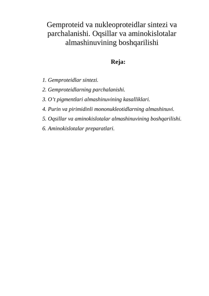 Gemproteid va nukleoproteidlar sintezi va parchalanishi
