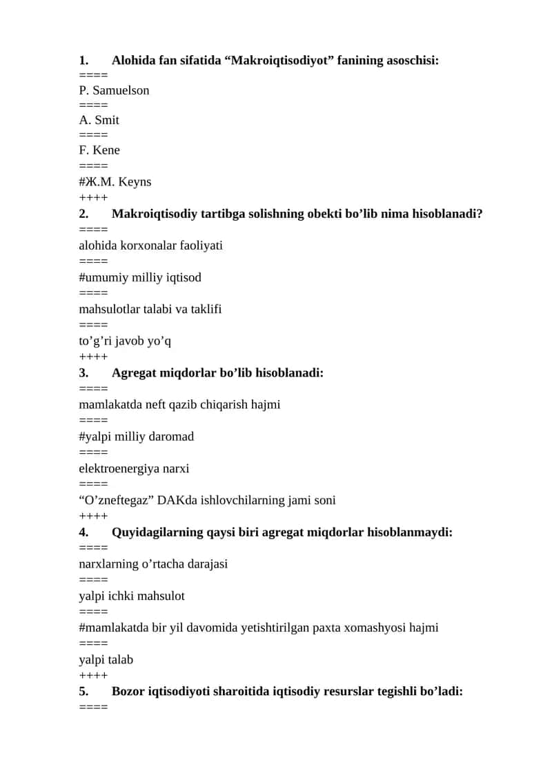 Makroiqtisodiyot fanidan testlar